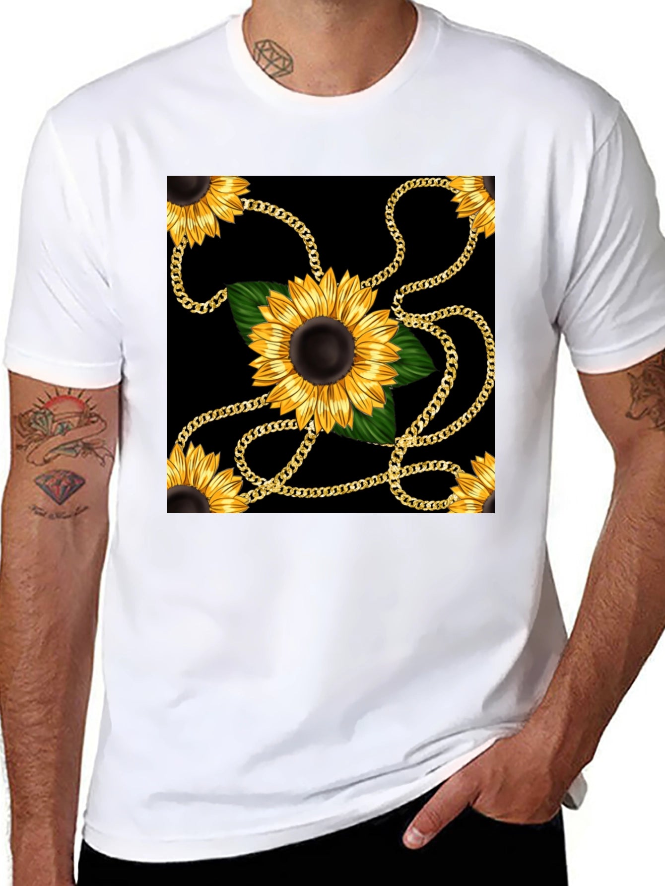 Sunflower Chain Print Black T-Shirt