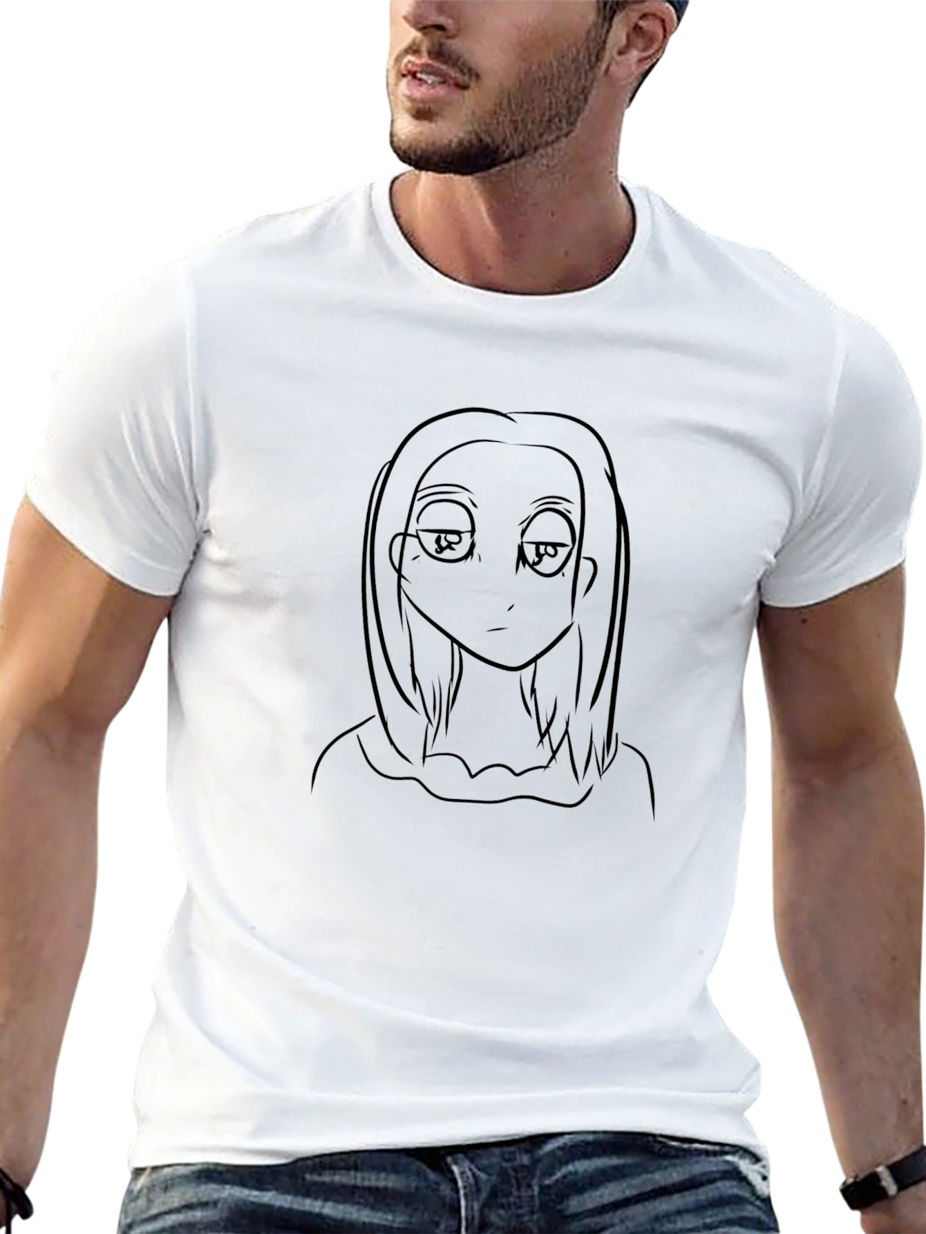 Anime Character Line Art Black T-Shirt