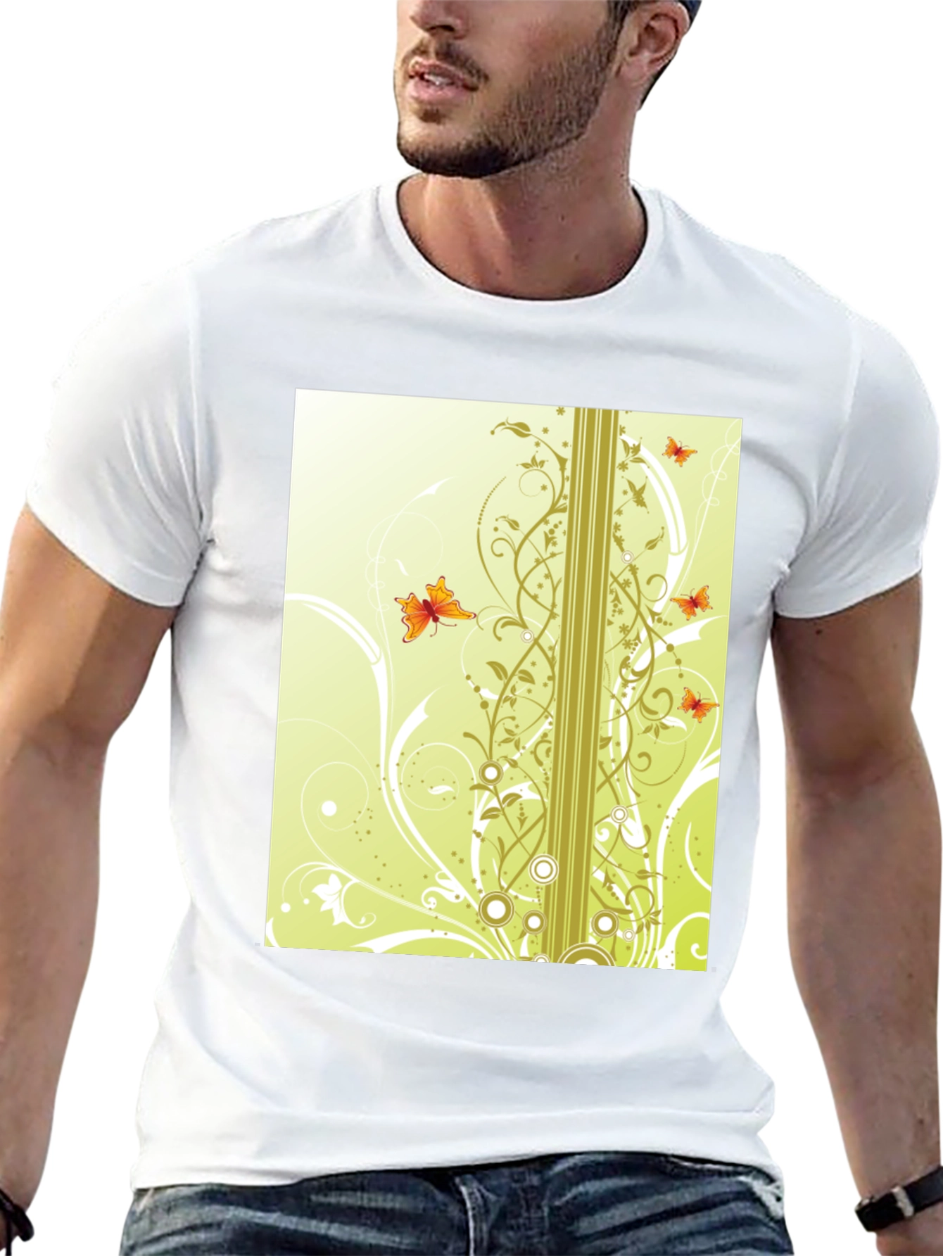 Stylish Black T-Shirt with Butterfly Vine Design