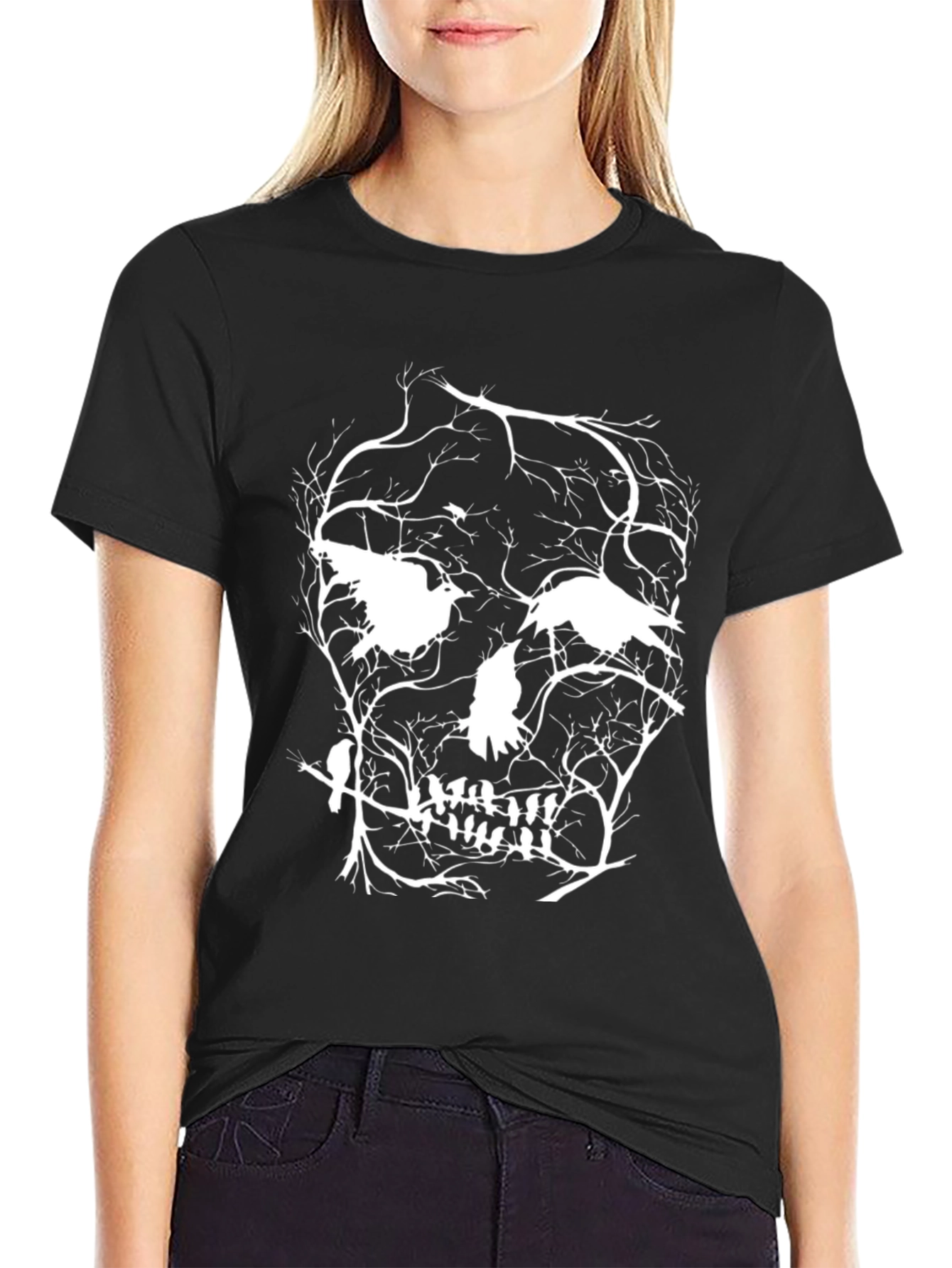 Raven Skull Graphic Tee - Black Cotton Blend