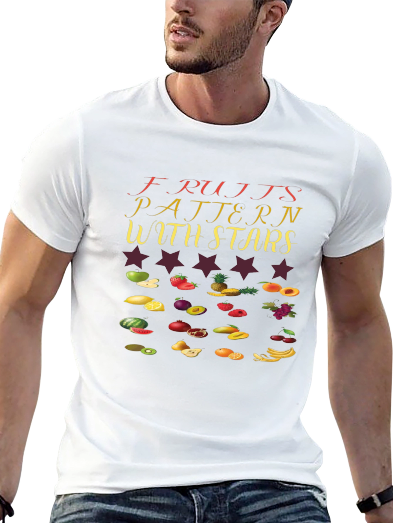 Fruits Pattern with Stars Black T-Shirt