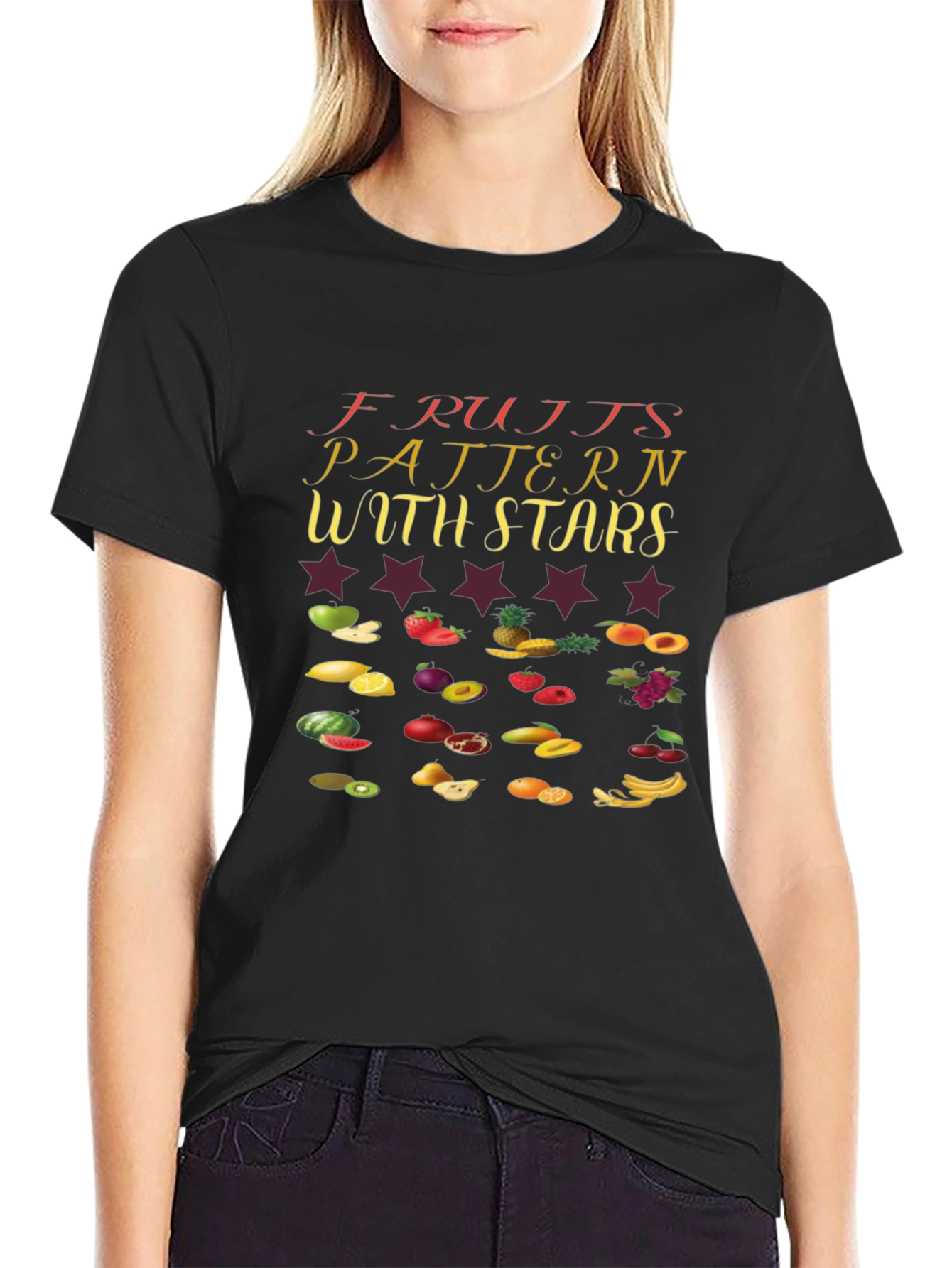 Fruits Pattern with Stars Black T-Shirt