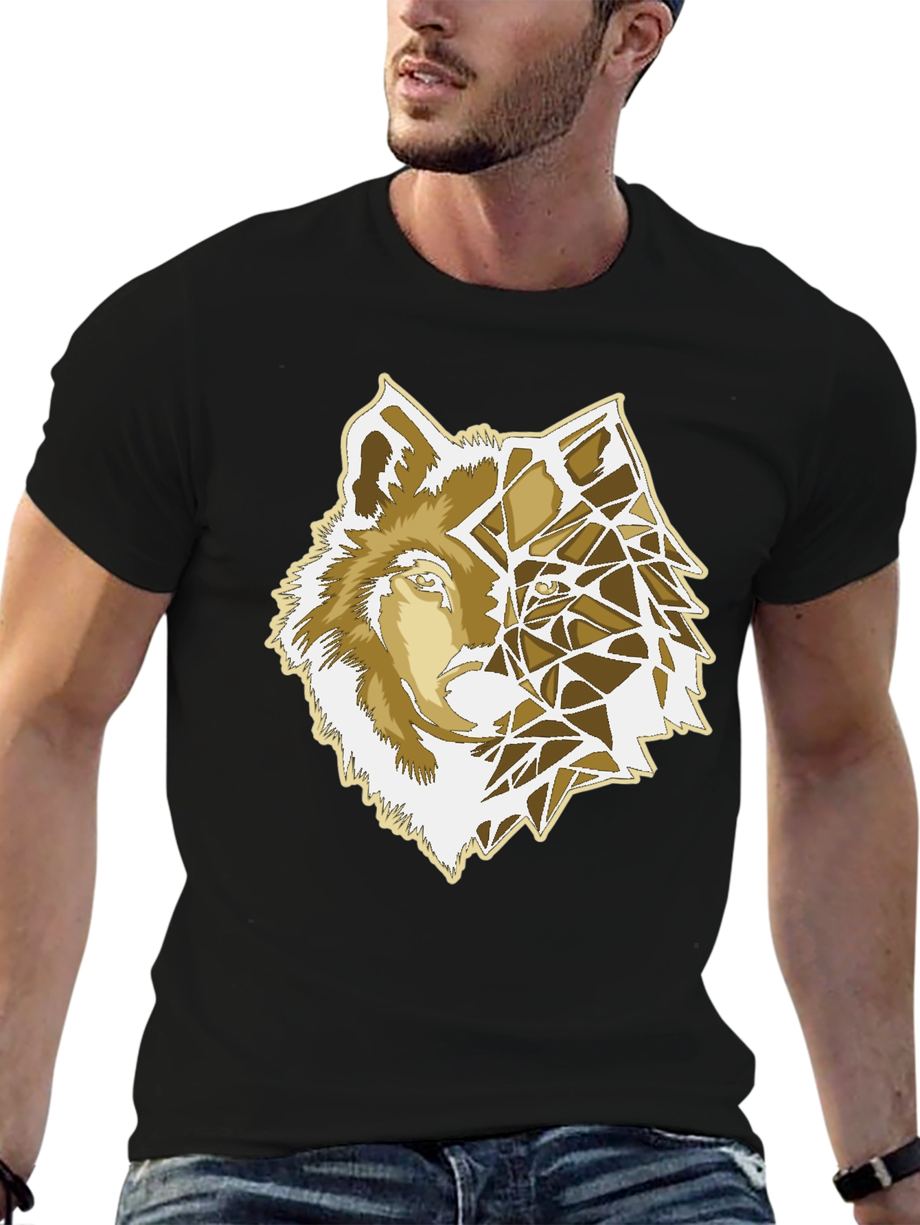 Geometric Wolf Graphic Print Black T-Shirt