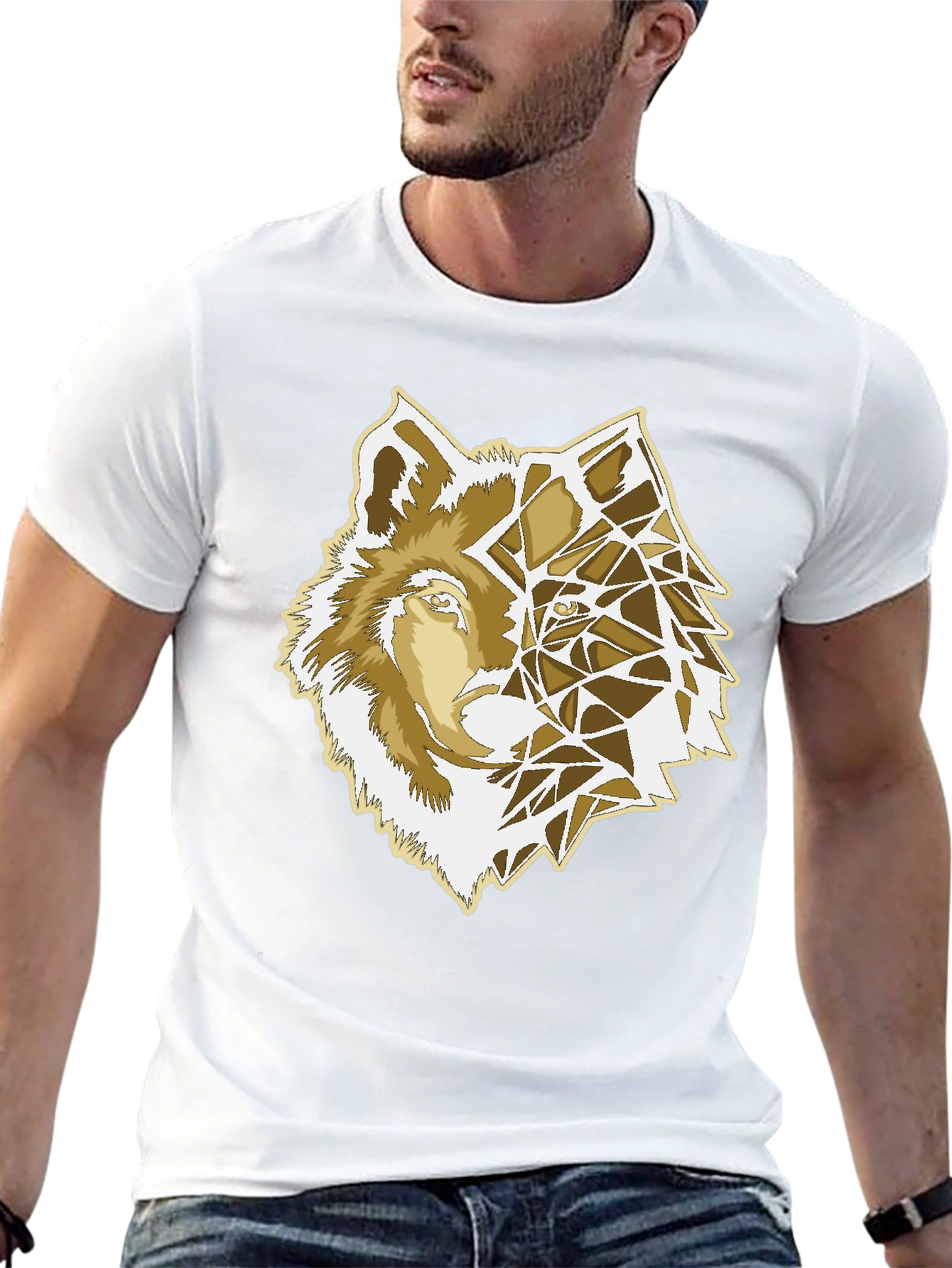 Geometric Wolf Graphic Print Black T-Shirt