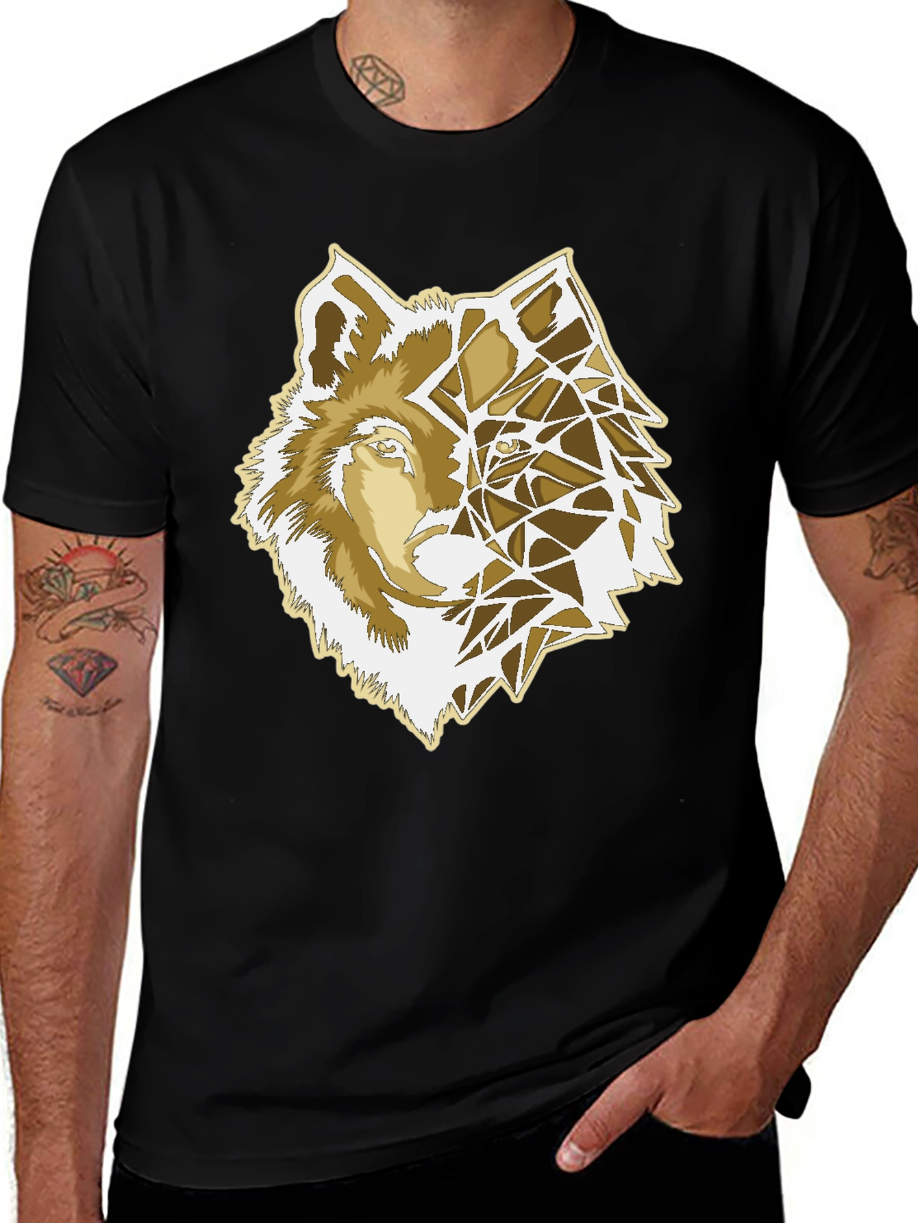 Geometric Wolf Graphic Print Black T-Shirt