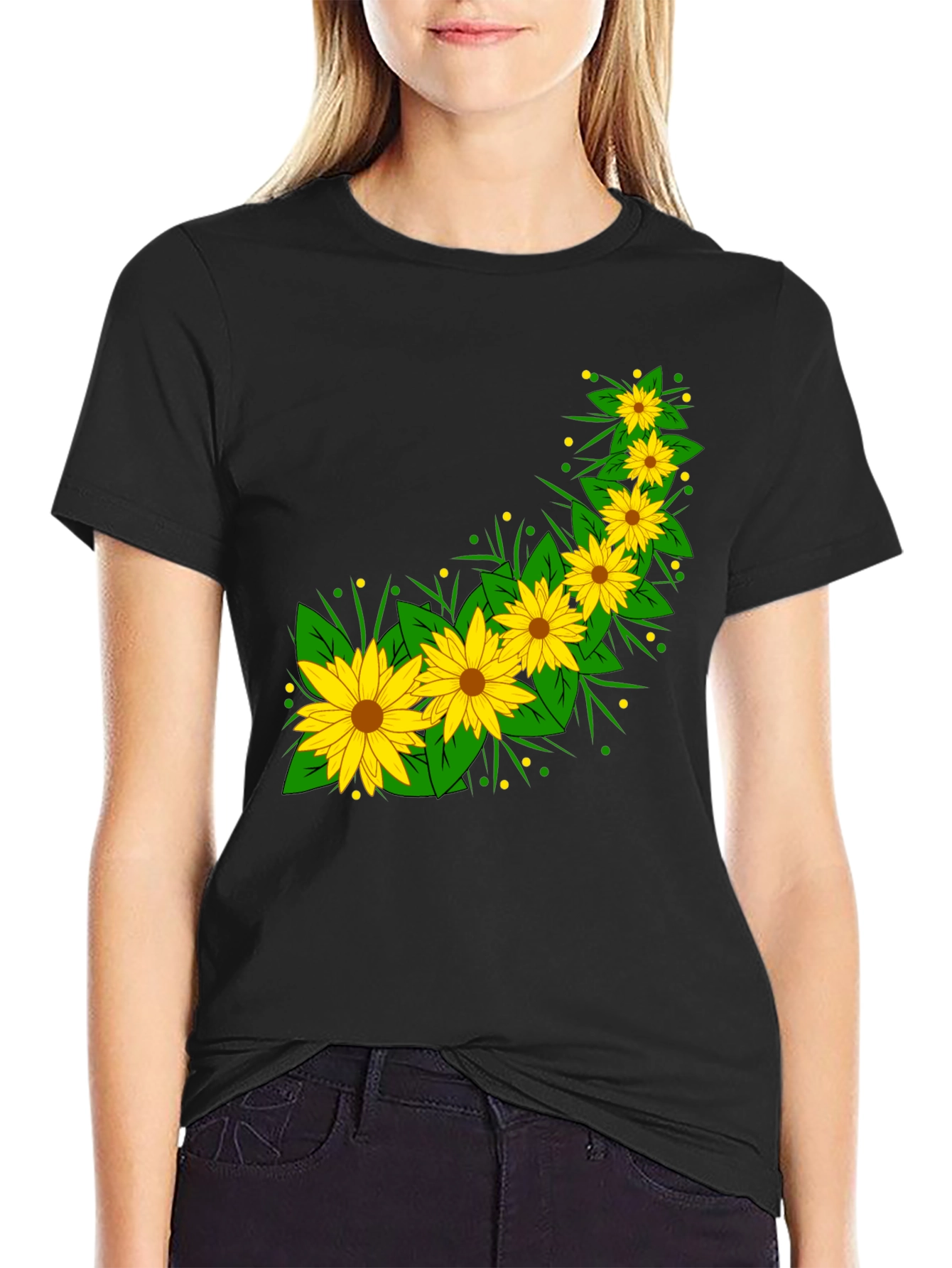 Sunflower Print Black T-Shirt