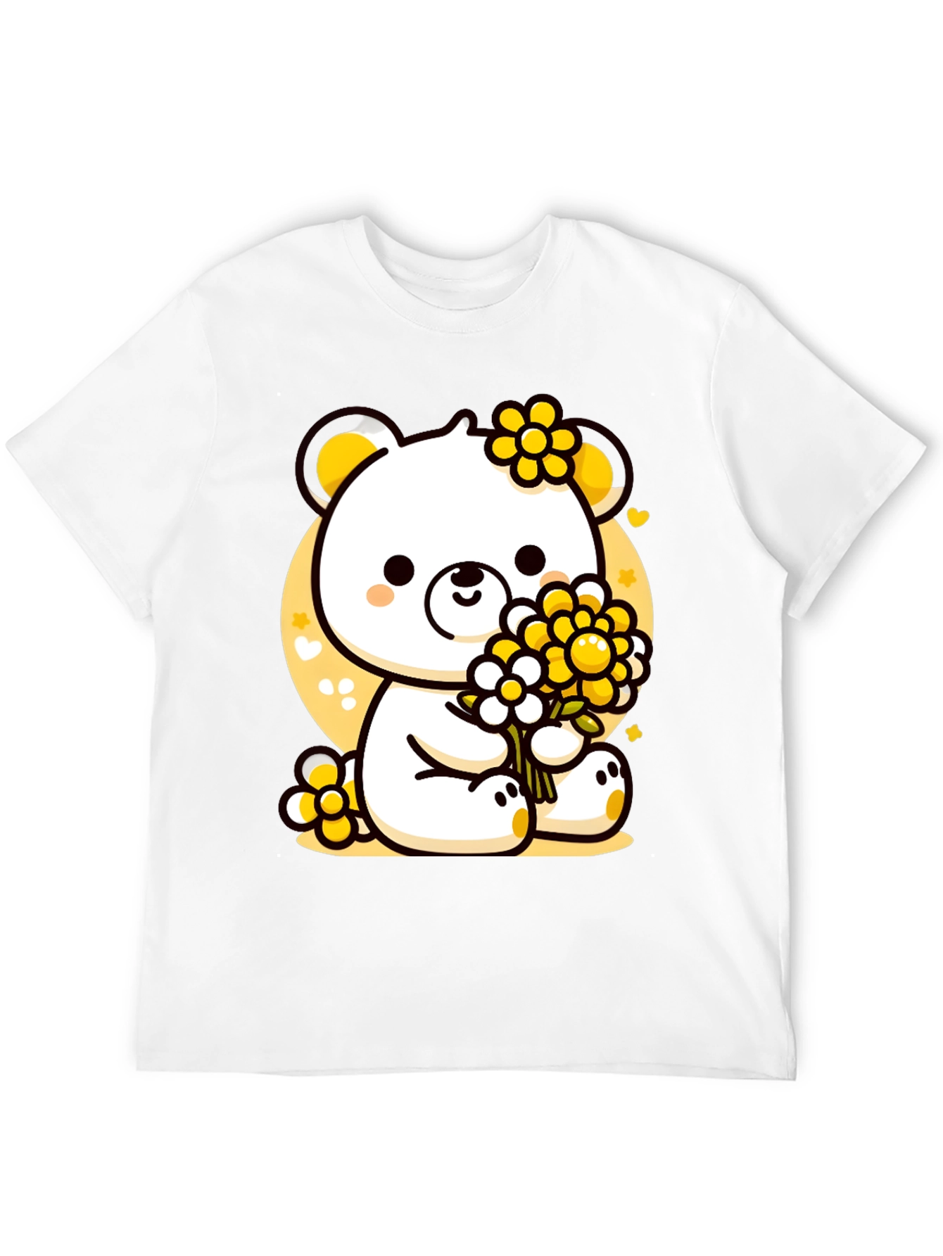 Cute Bear with Flowers Black T-Shirt