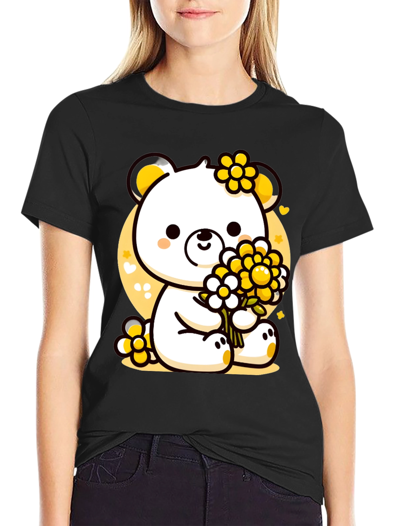 Cute Bear with Flowers Black T-Shirt