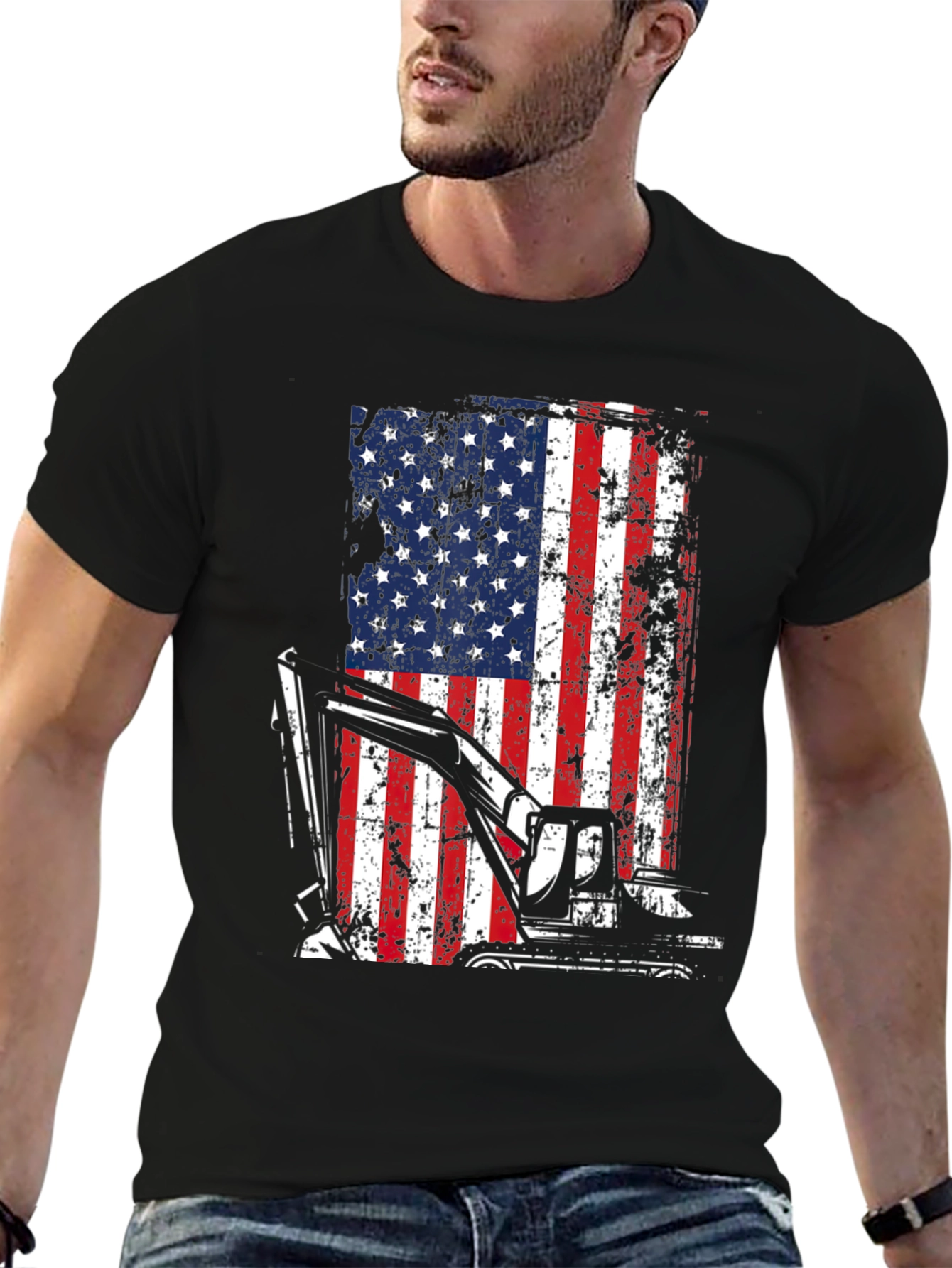Excavator American Flag Mens T-Shirt