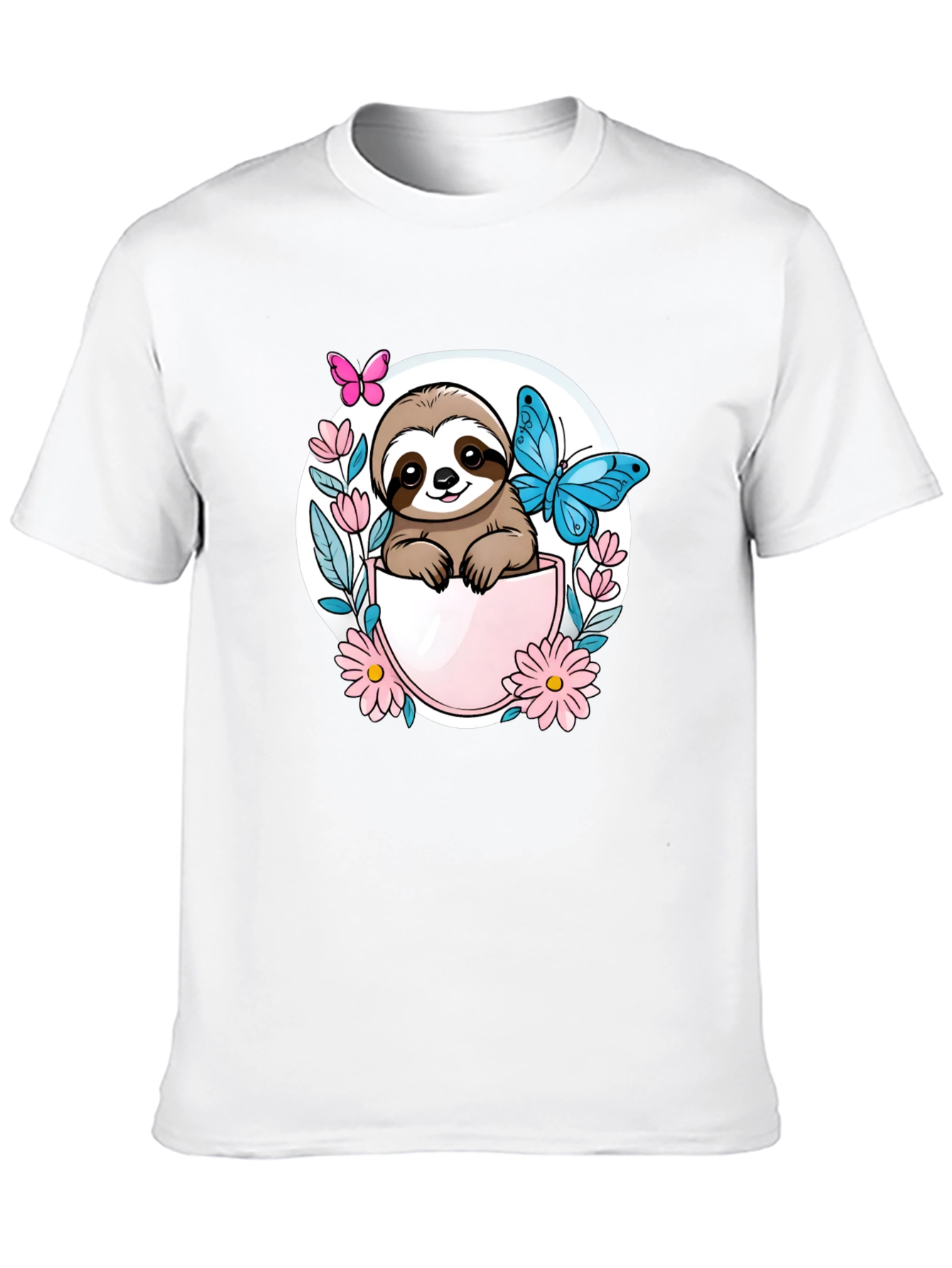 Cute Sloth Butterfly Flower Graphic Tee