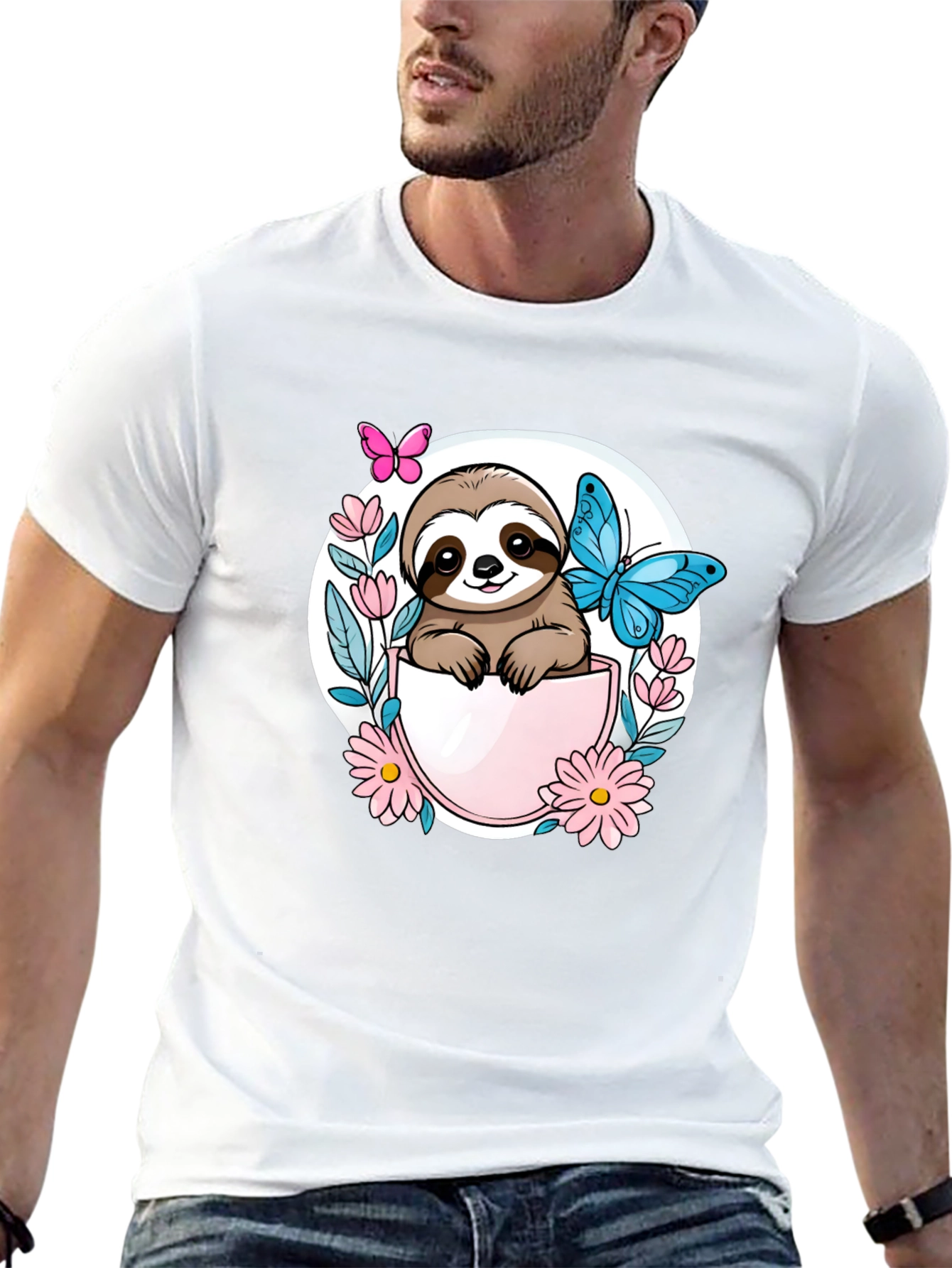 Cute Sloth Butterfly Flower Graphic Tee