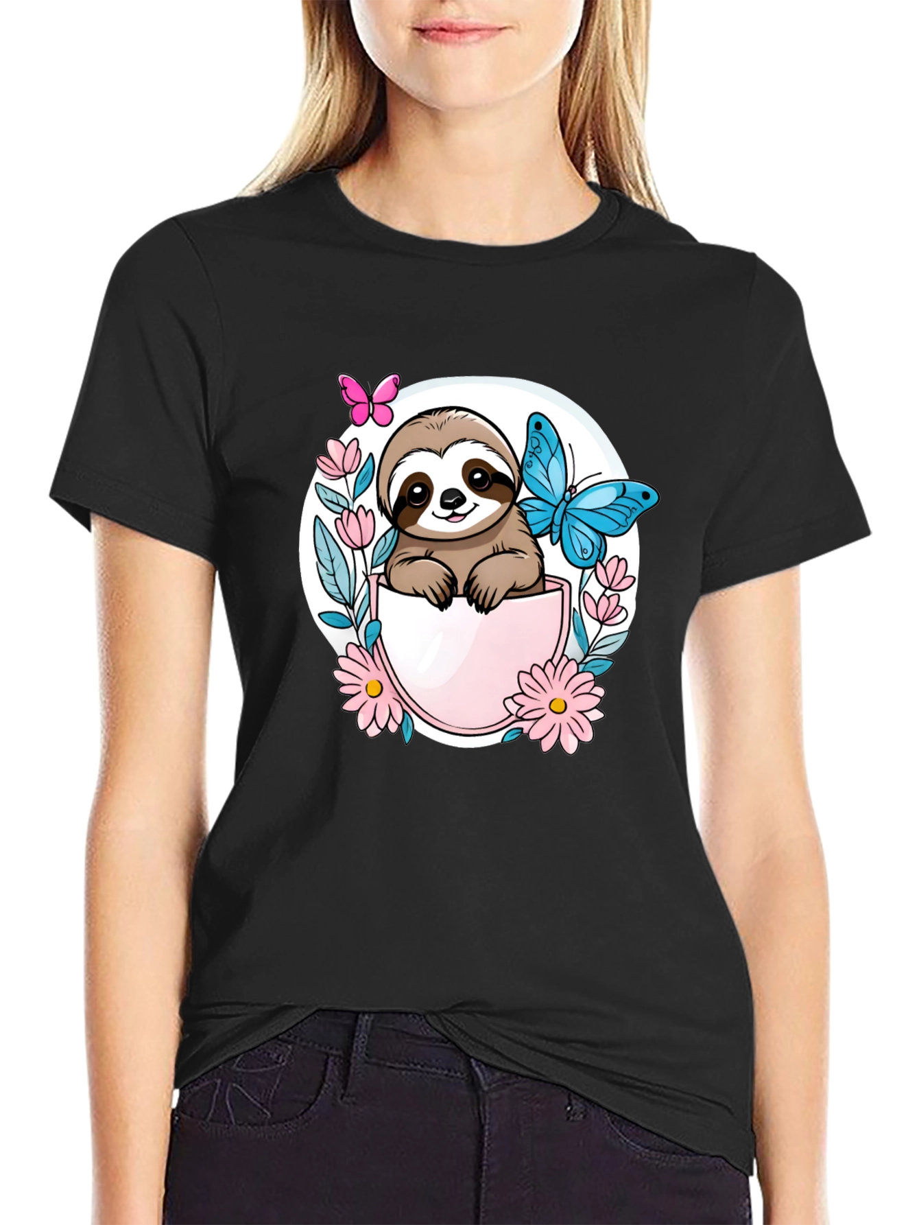 Cute Sloth Butterfly Flower Graphic Tee