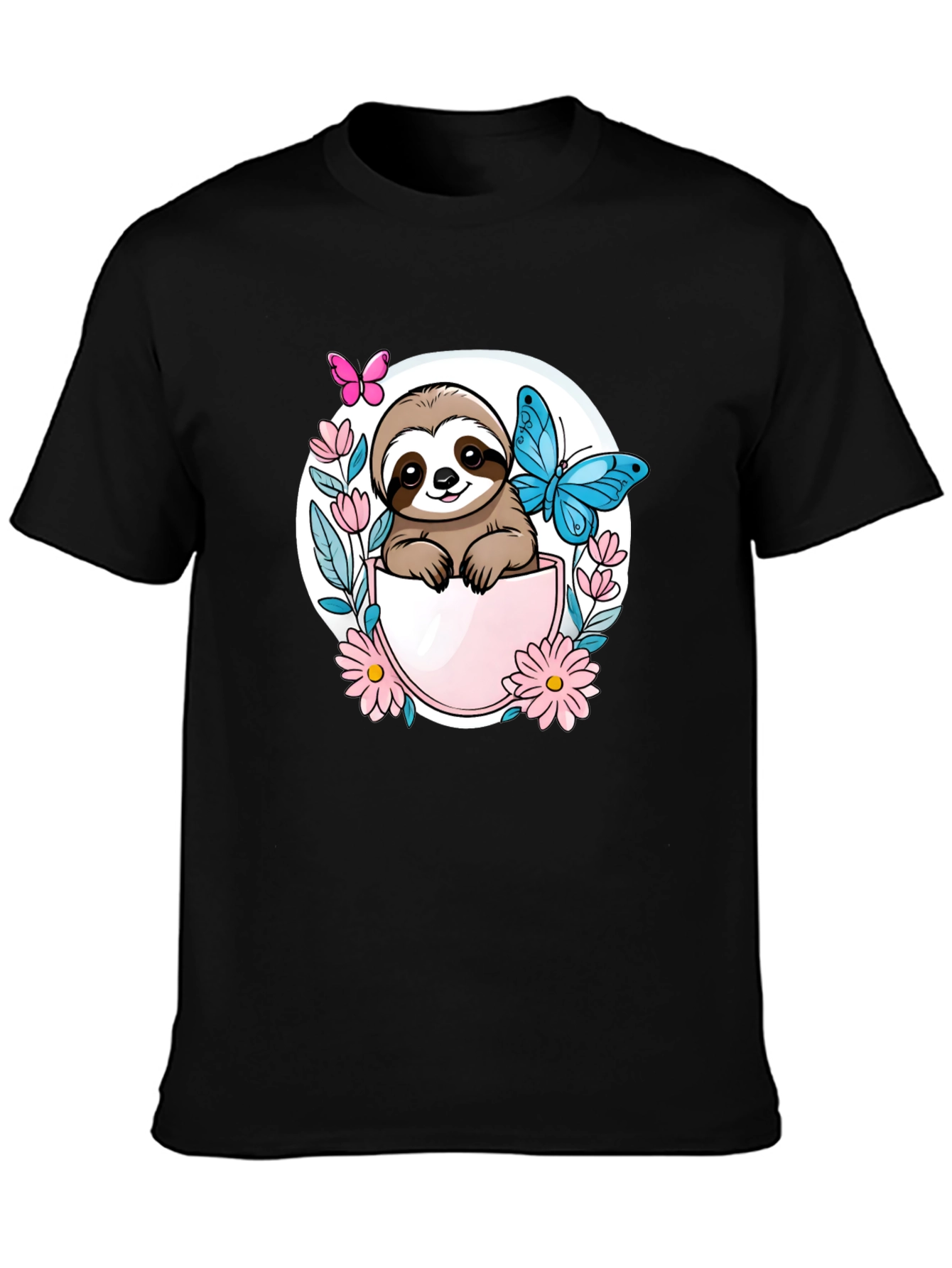 Cute Sloth Butterfly Flower Graphic Tee