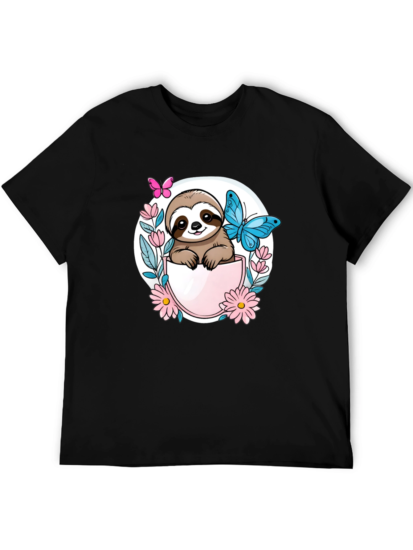 Cute Sloth Butterfly Flower Graphic Tee