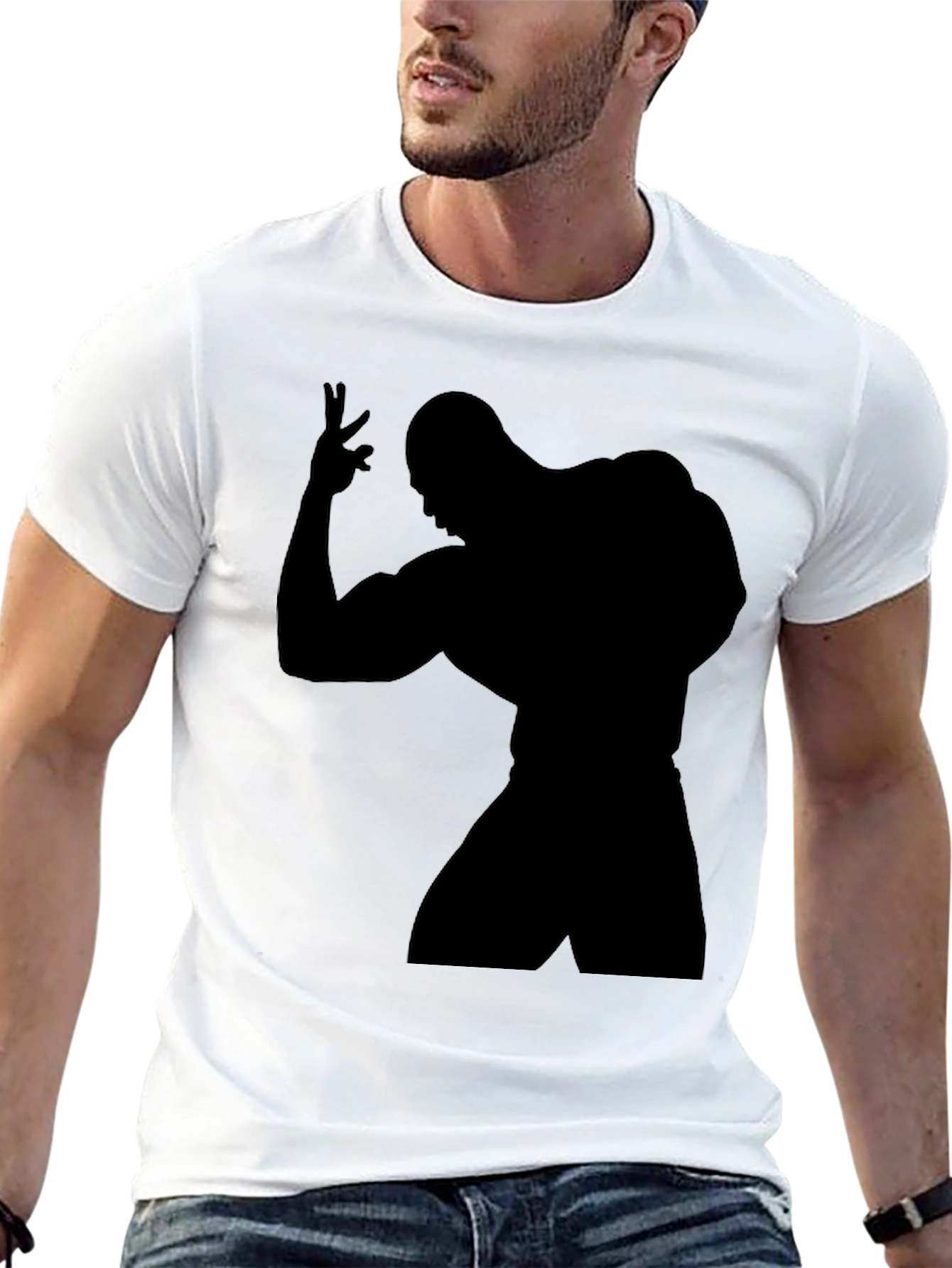 Black T-Shirt with Bodybuilder Silhouette Graphic