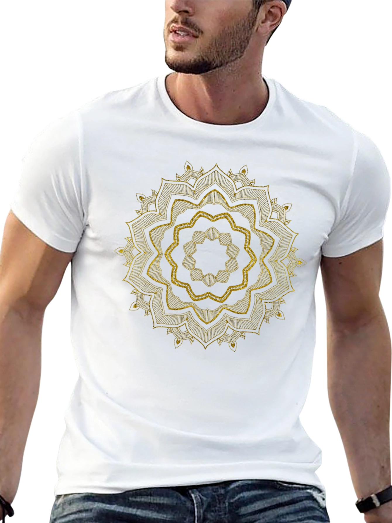 Mens Black Tee with Golden Mandala Design