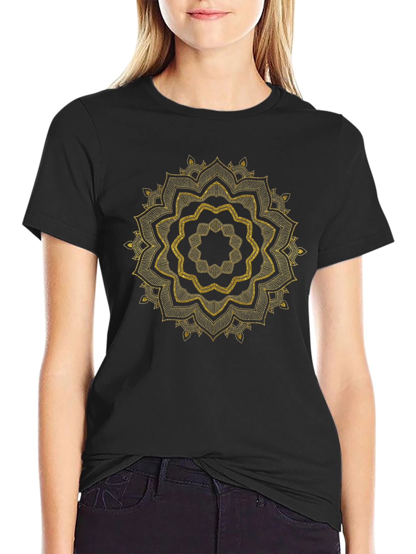 Mens Black Tee with Golden Mandala Design