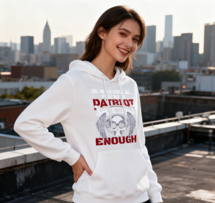 Say You're a Patriot Is Not Enough" Skull Graphic Hoodie - Unisex Edgy Streetwear Pullover (Black & White)