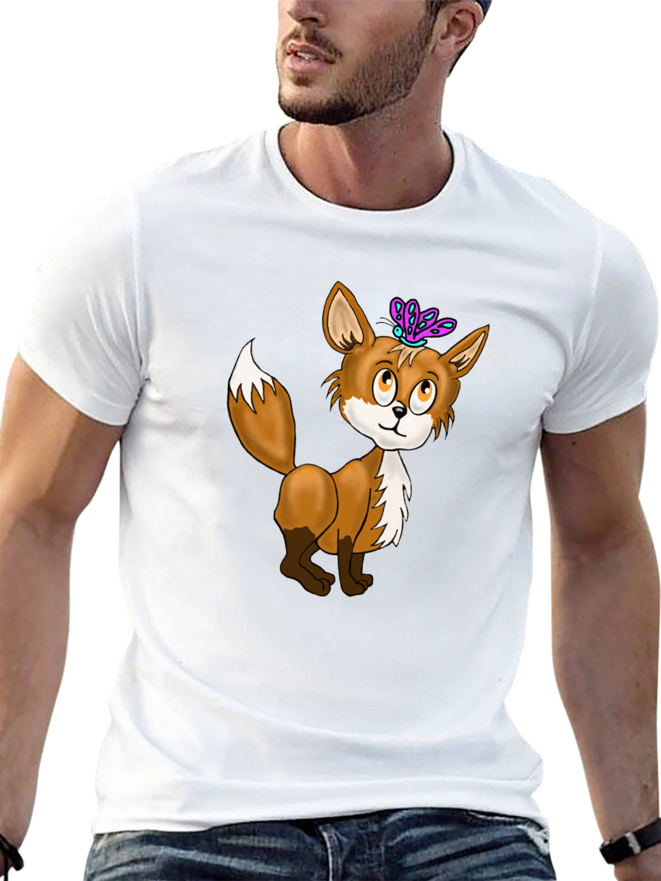 Fox & Butterfly Graphic Tee - Black Cotton T-Shirt