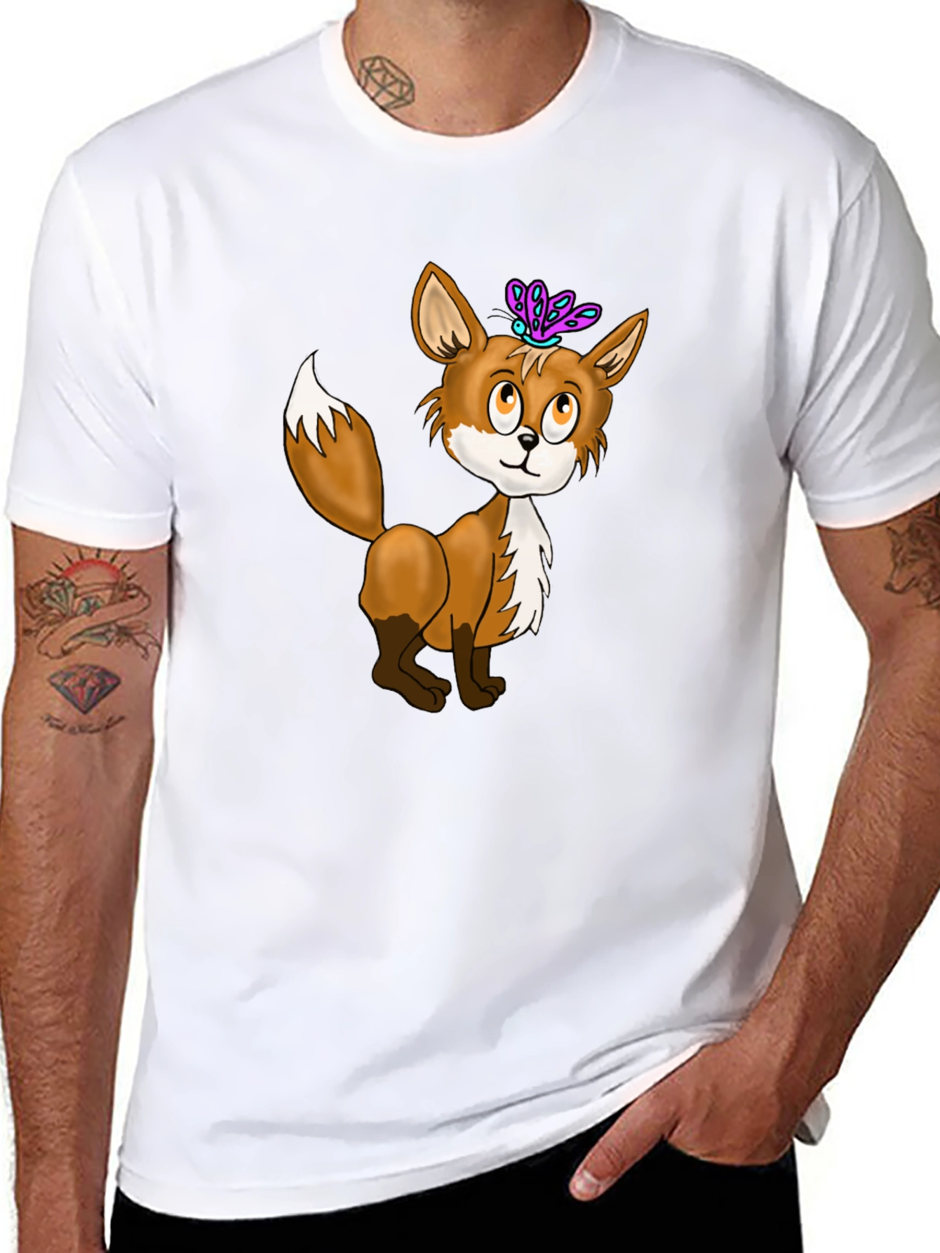 Fox & Butterfly Graphic Tee - Black Cotton T-Shirt