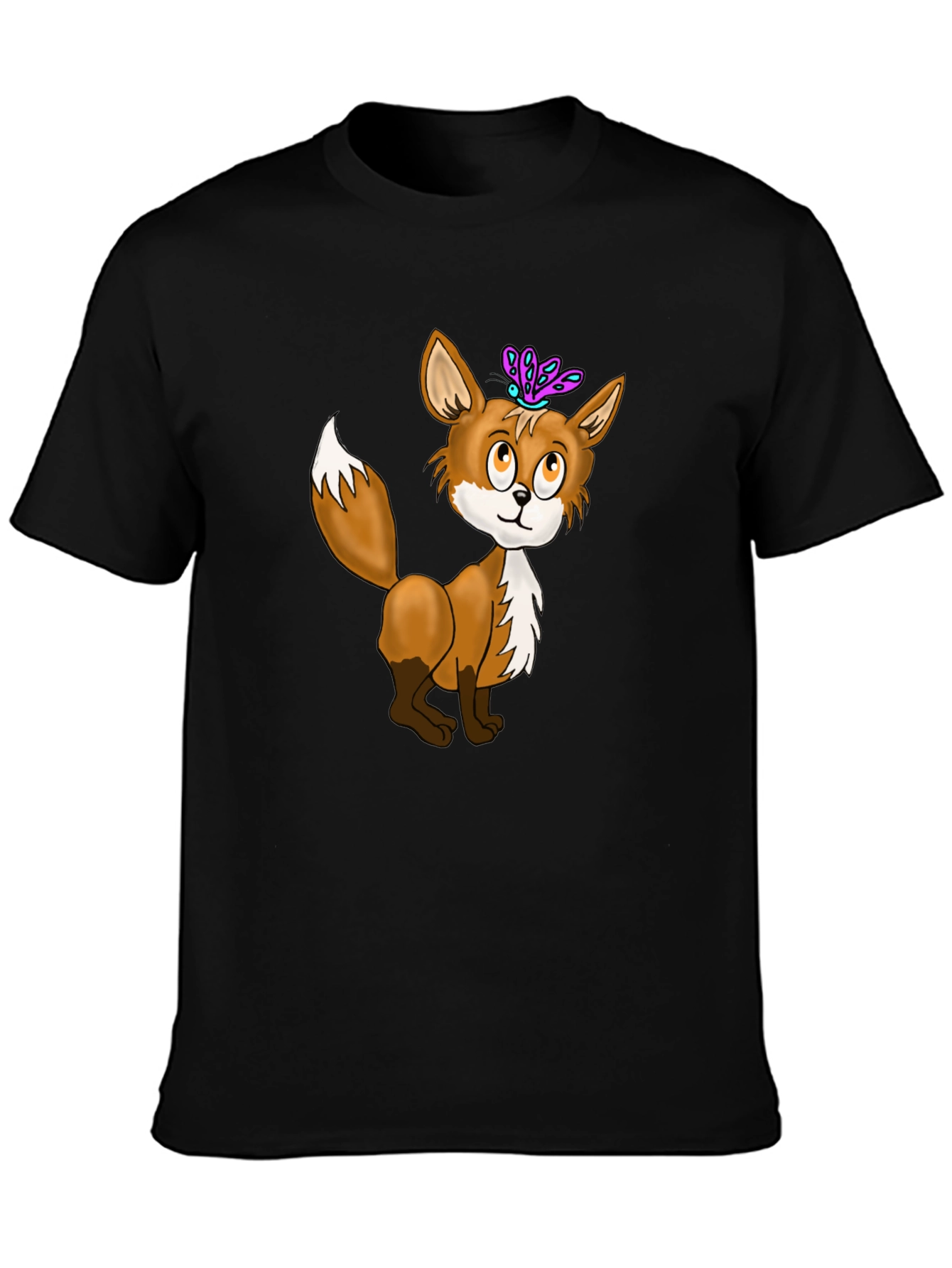 Fox & Butterfly Graphic Tee - Black Cotton T-Shirt