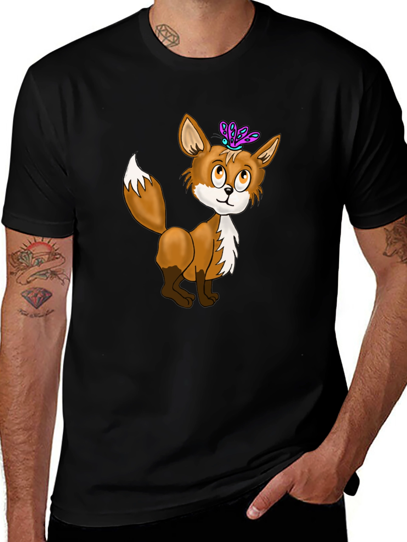 Fox & Butterfly Graphic Tee - Black Cotton T-Shirt