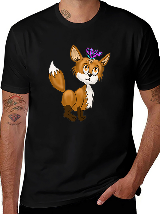 Fox & Butterfly Graphic Tee - Black Cotton T-Shirt