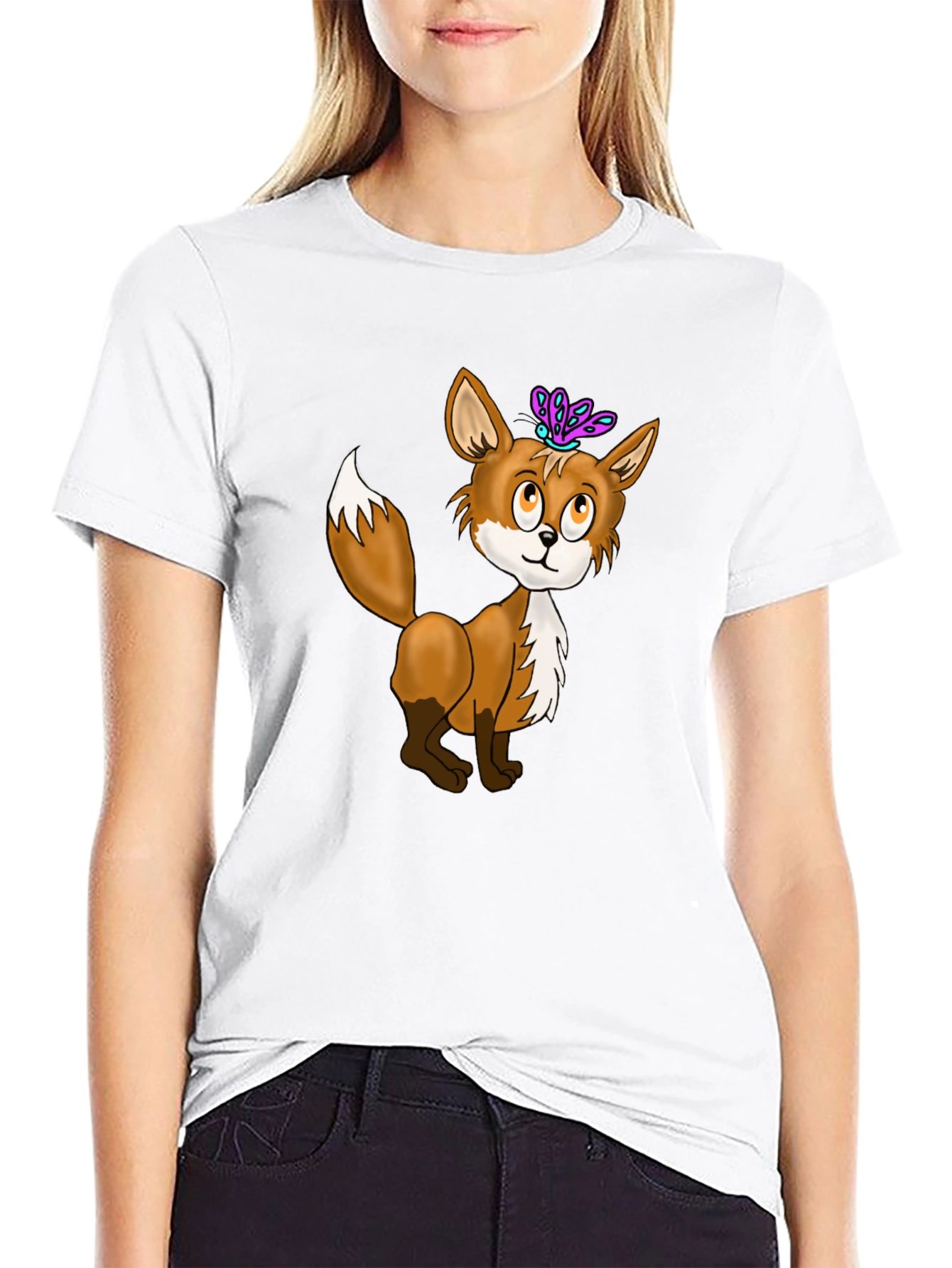 Fox & Butterfly Graphic Tee - Black Cotton T-Shirt