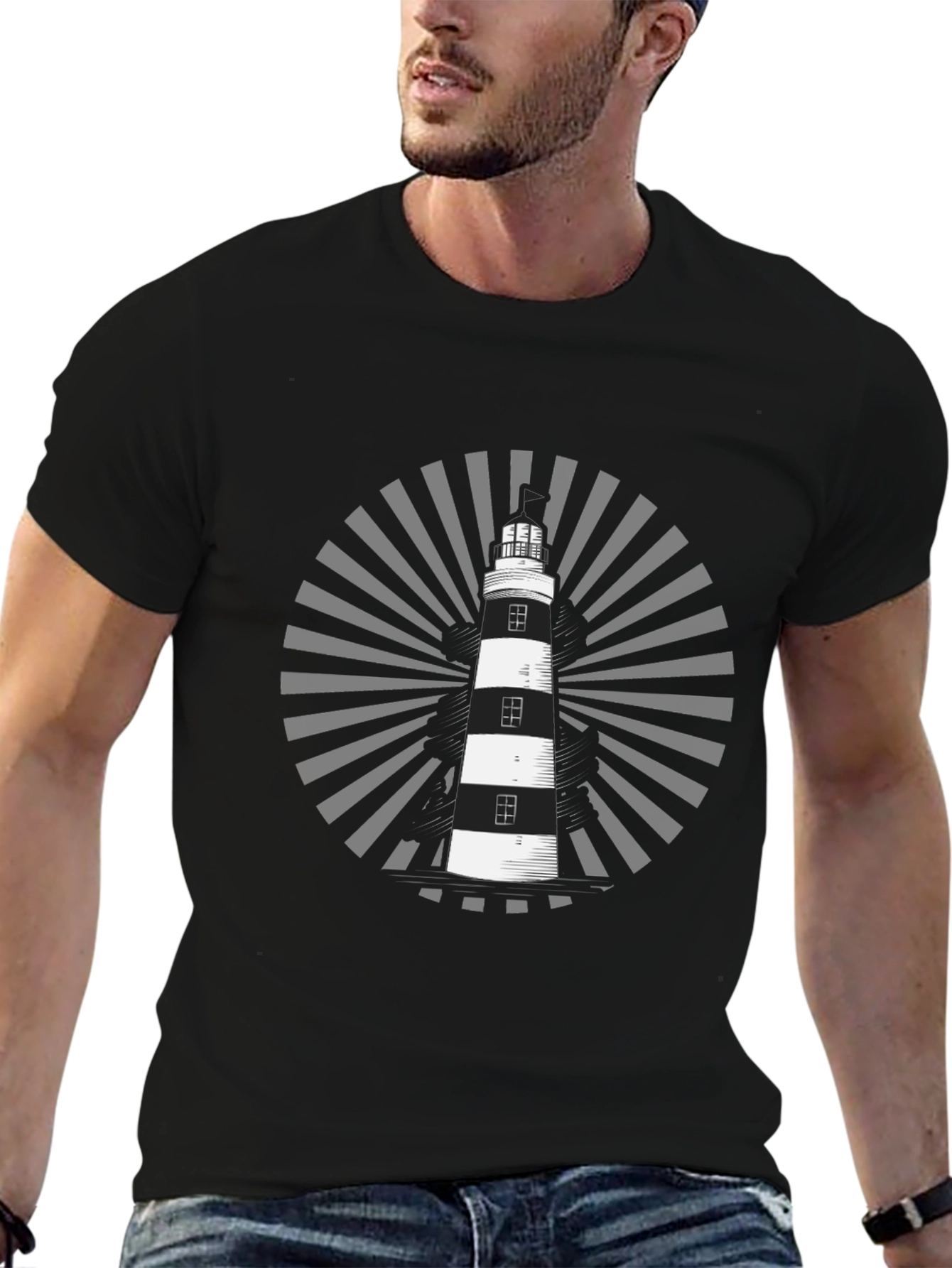 Lighthouse Graphic Tee - Black Cotton Shirt