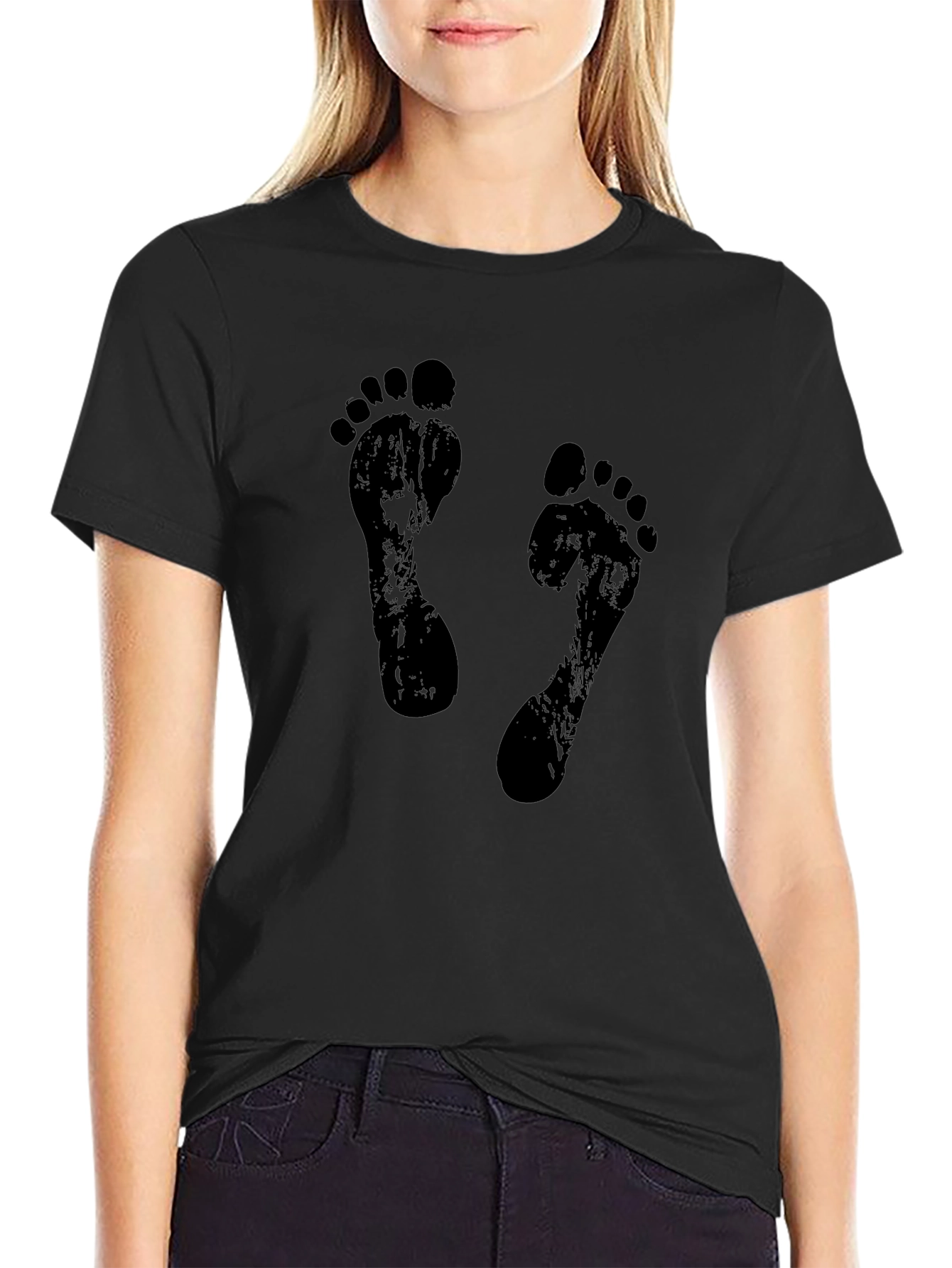 Barefoot Print Graphic Tee - Casual Black Shirt