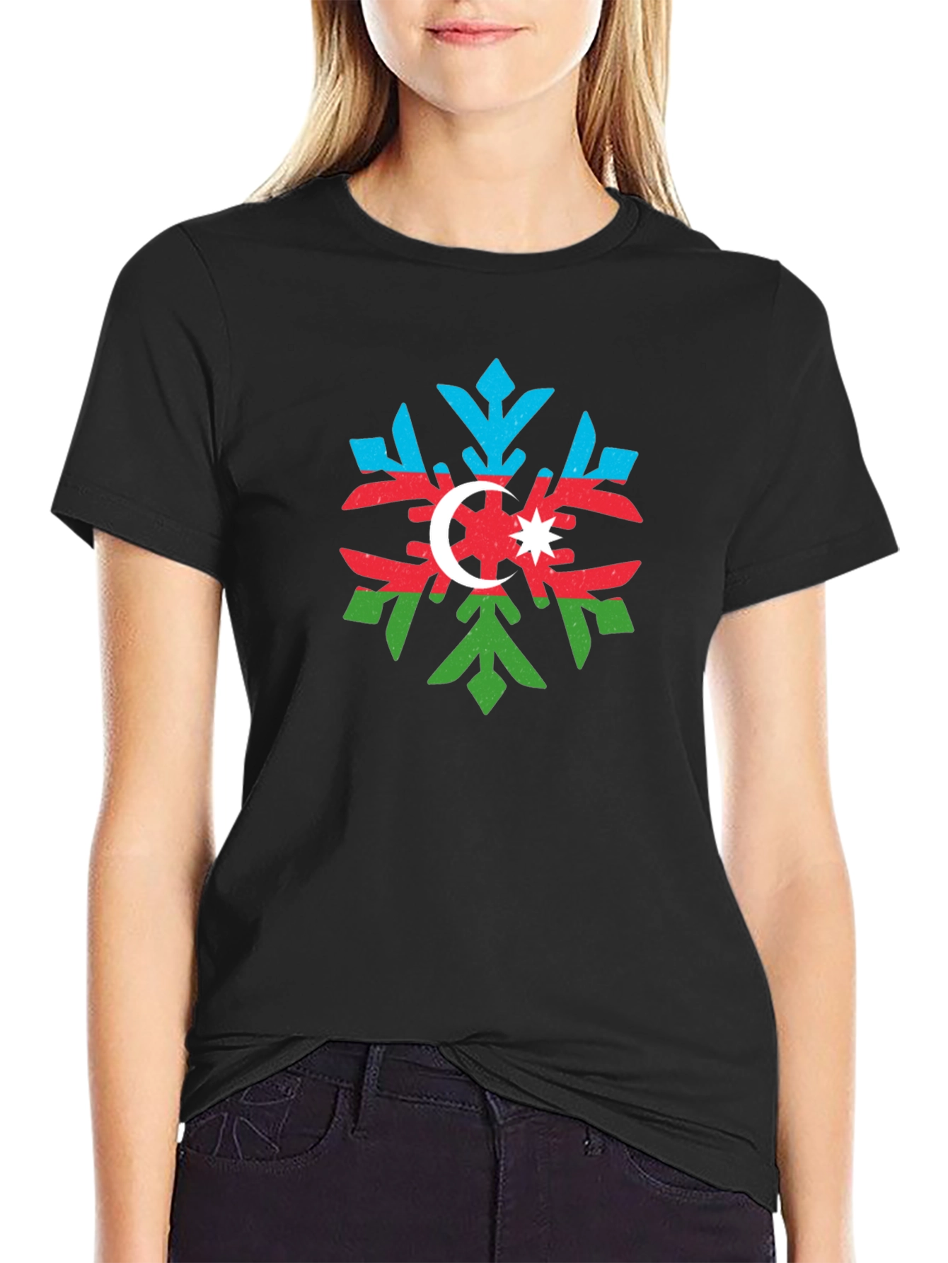 Azerbaijan Flag Snowflake Black T-Shirt