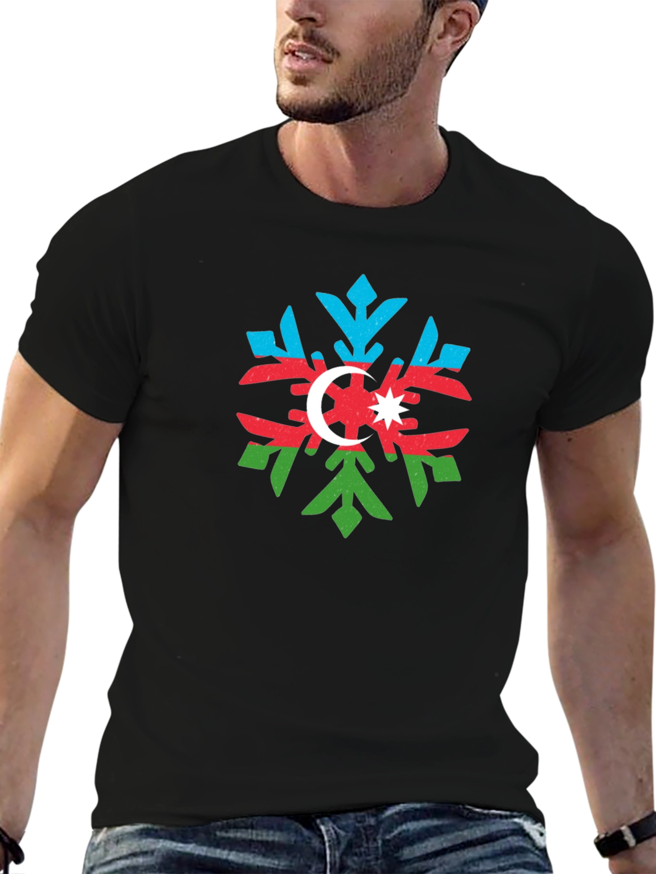 Azerbaijan Flag Snowflake Black T-Shirt