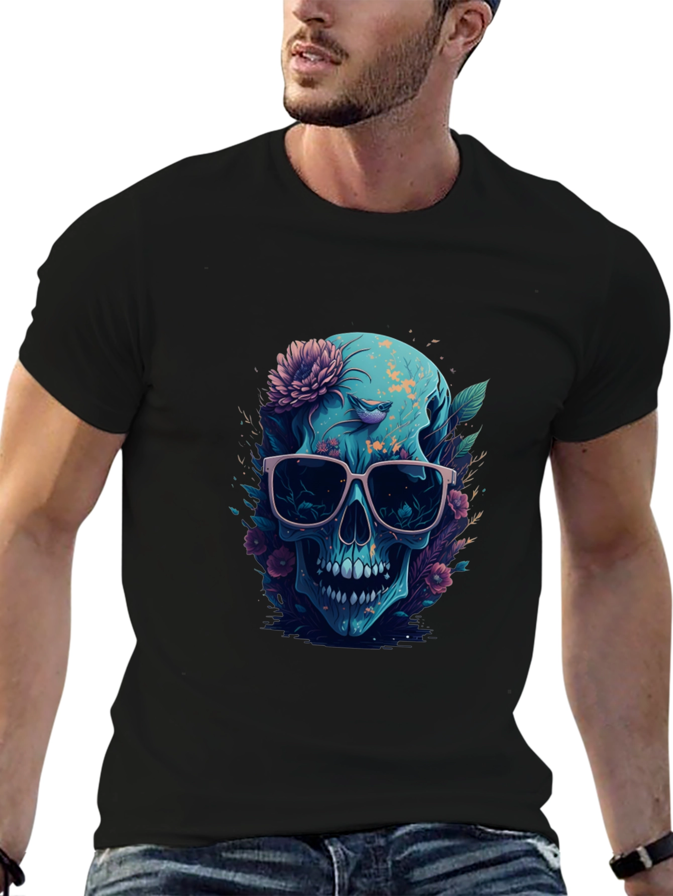 Floral Skull Graphic Tee - Mens Black T-Shirt