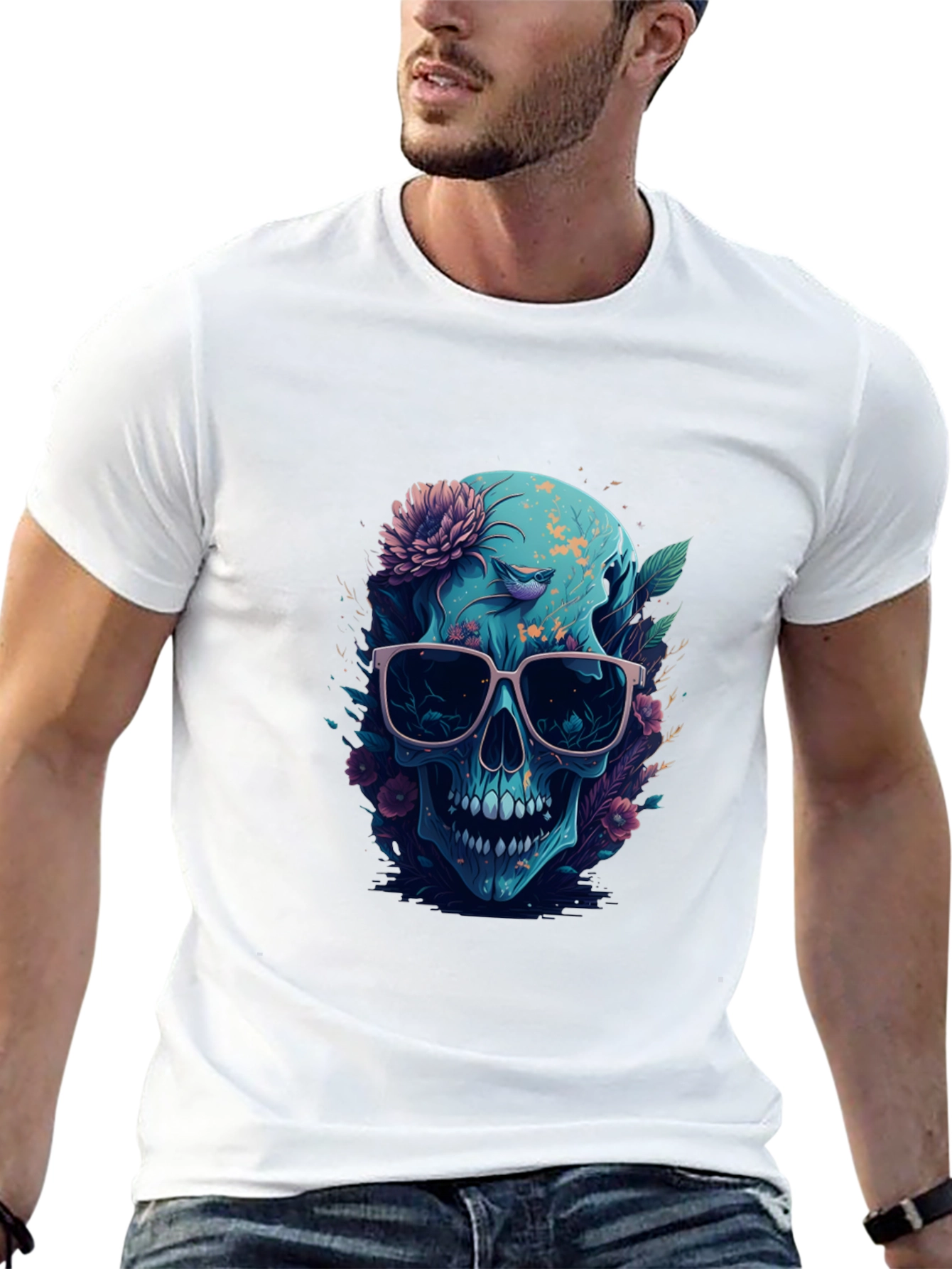 Floral Skull Graphic Tee - Mens Black T-Shirt