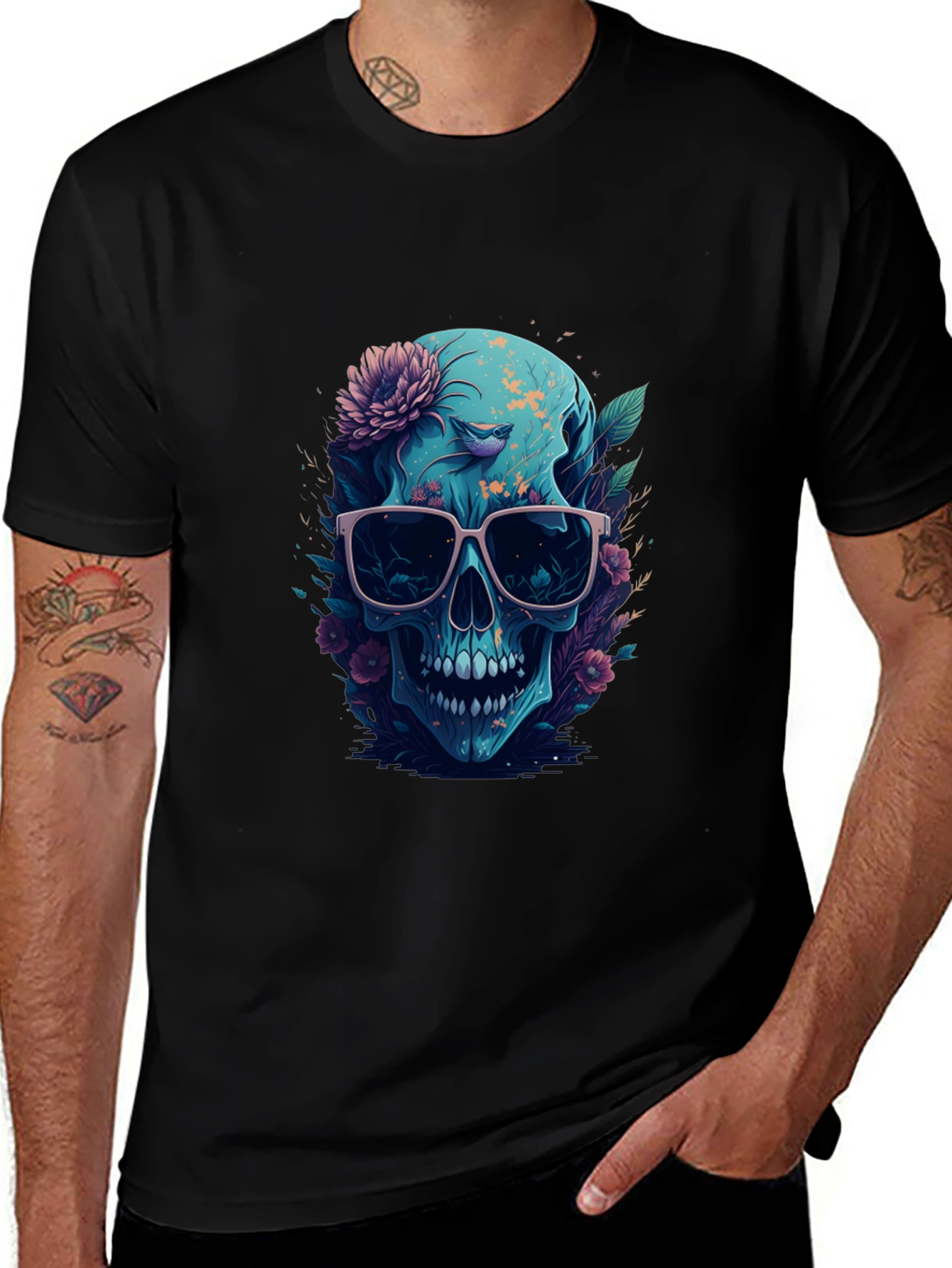 Floral Skull Graphic Tee - Mens Black T-Shirt