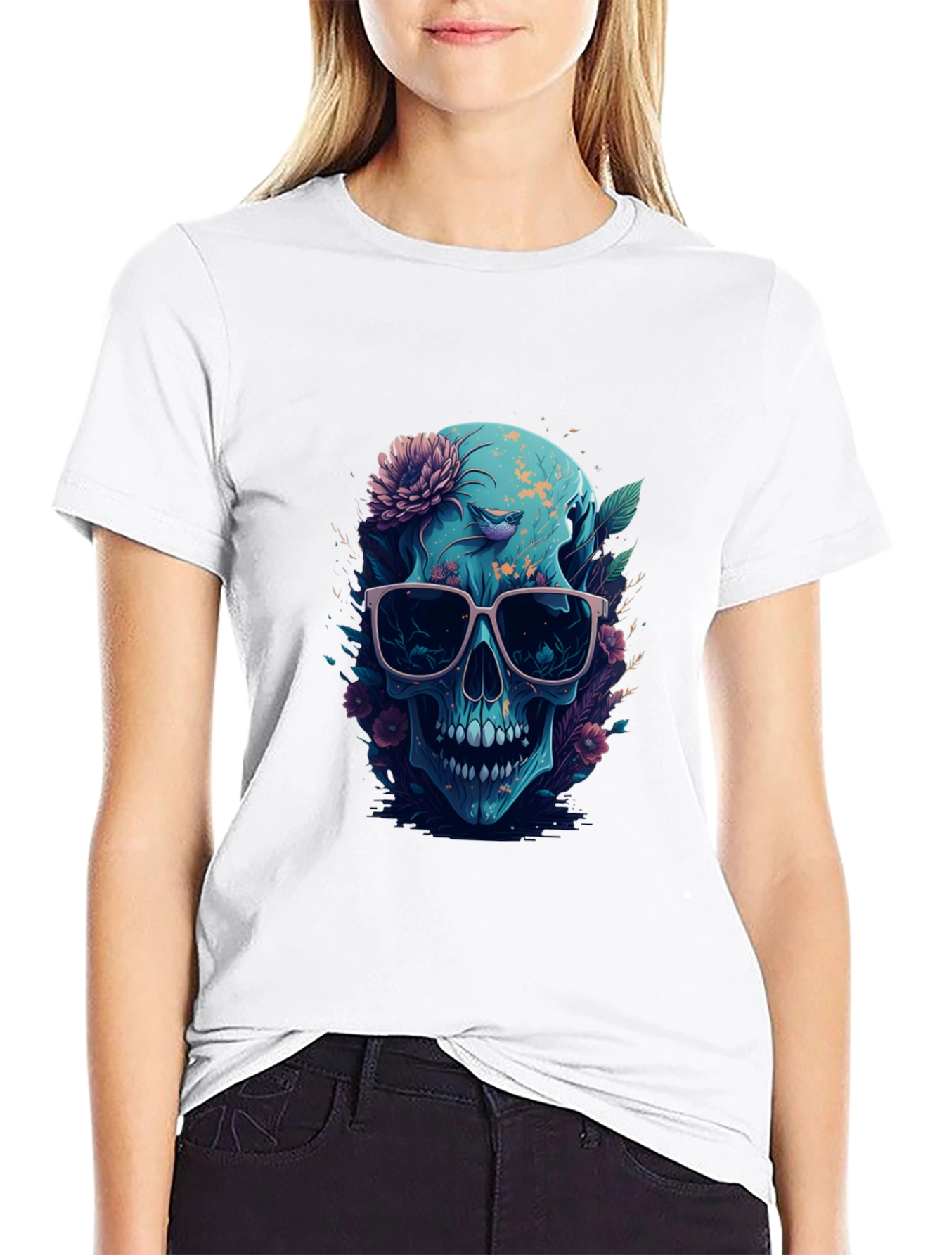 Floral Skull Graphic Tee - Mens Black T-Shirt