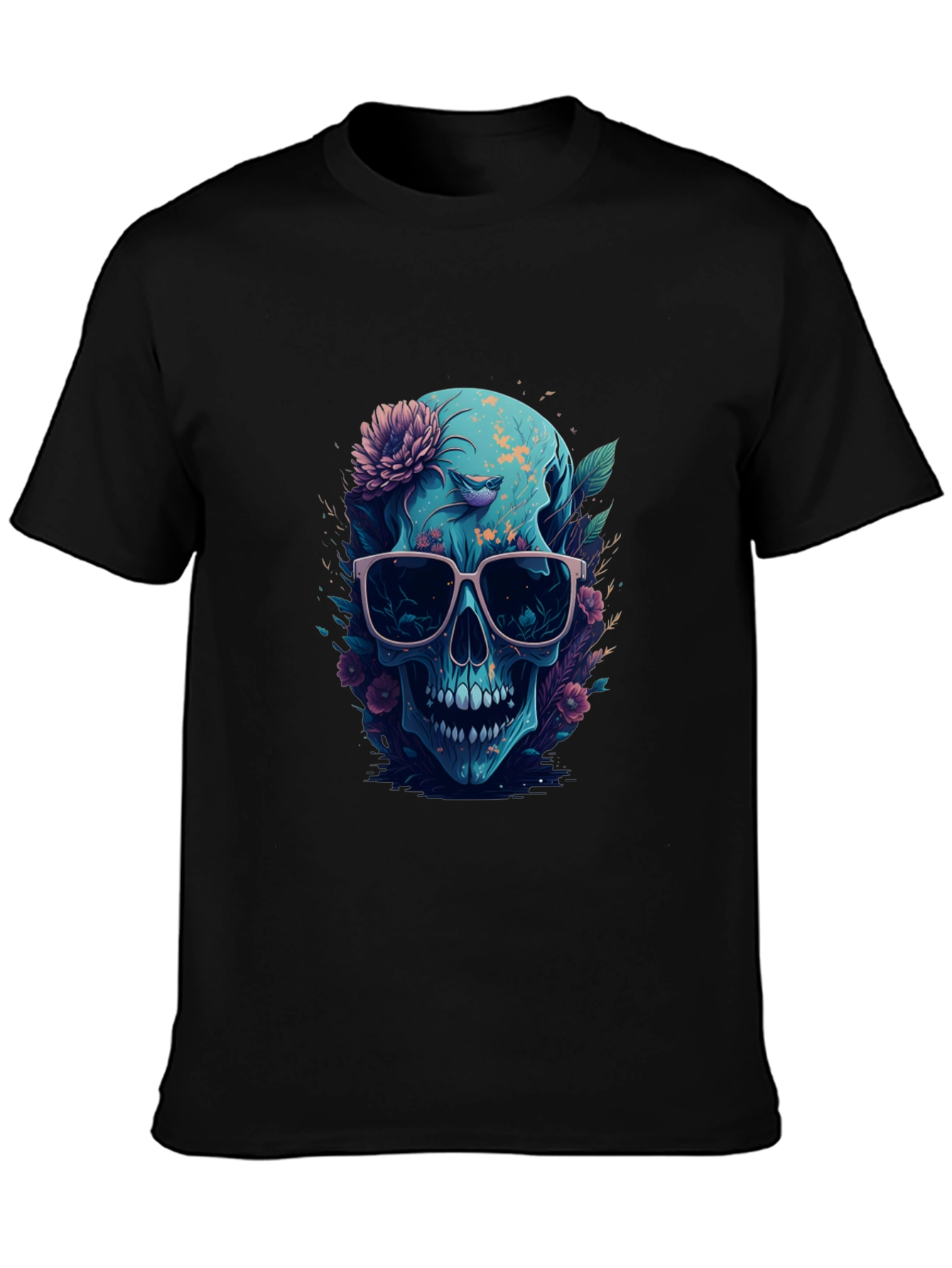 Floral Skull Graphic Tee - Mens Black T-Shirt