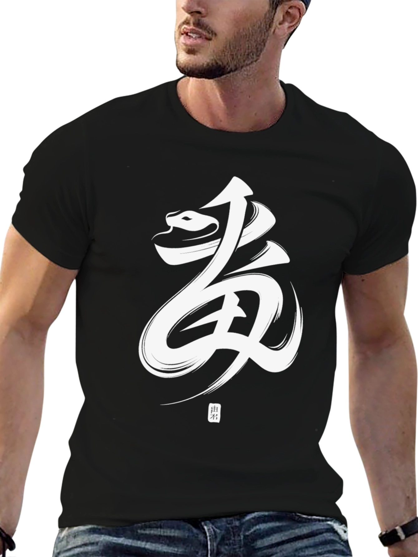 Mens Black T-Shirt with White Asian-Inspired Design