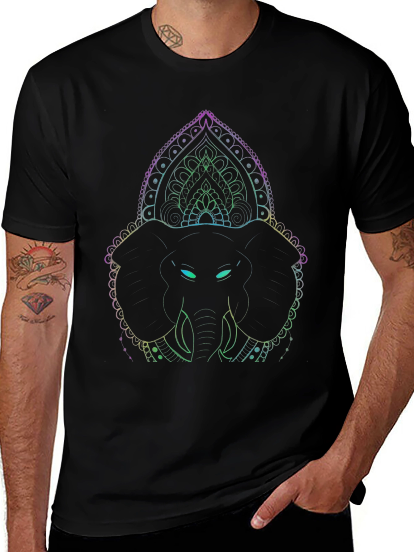 Elephant Mandala Graphic Tee - Black Cotton Shirt