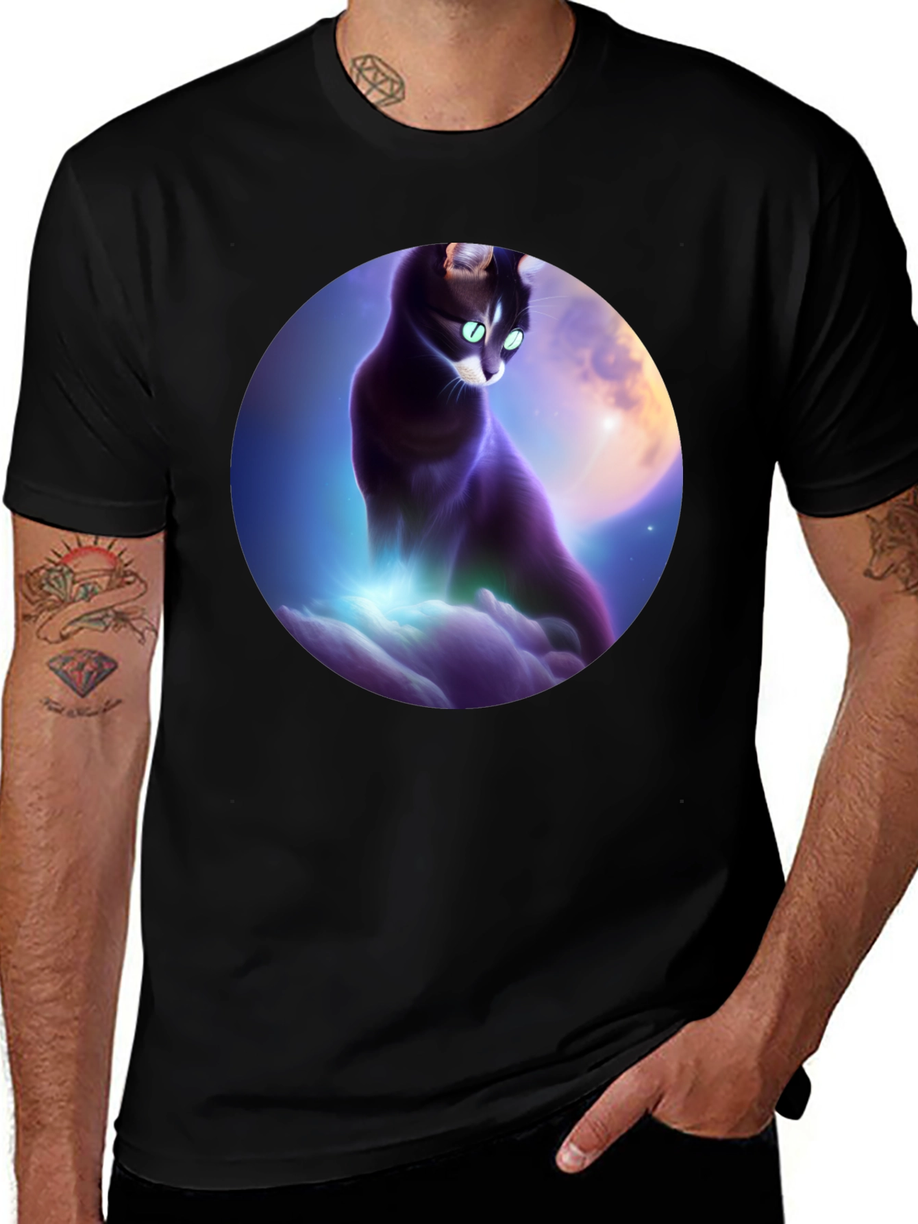 Celestial Cat T-Shirt - Black Graphic Tee