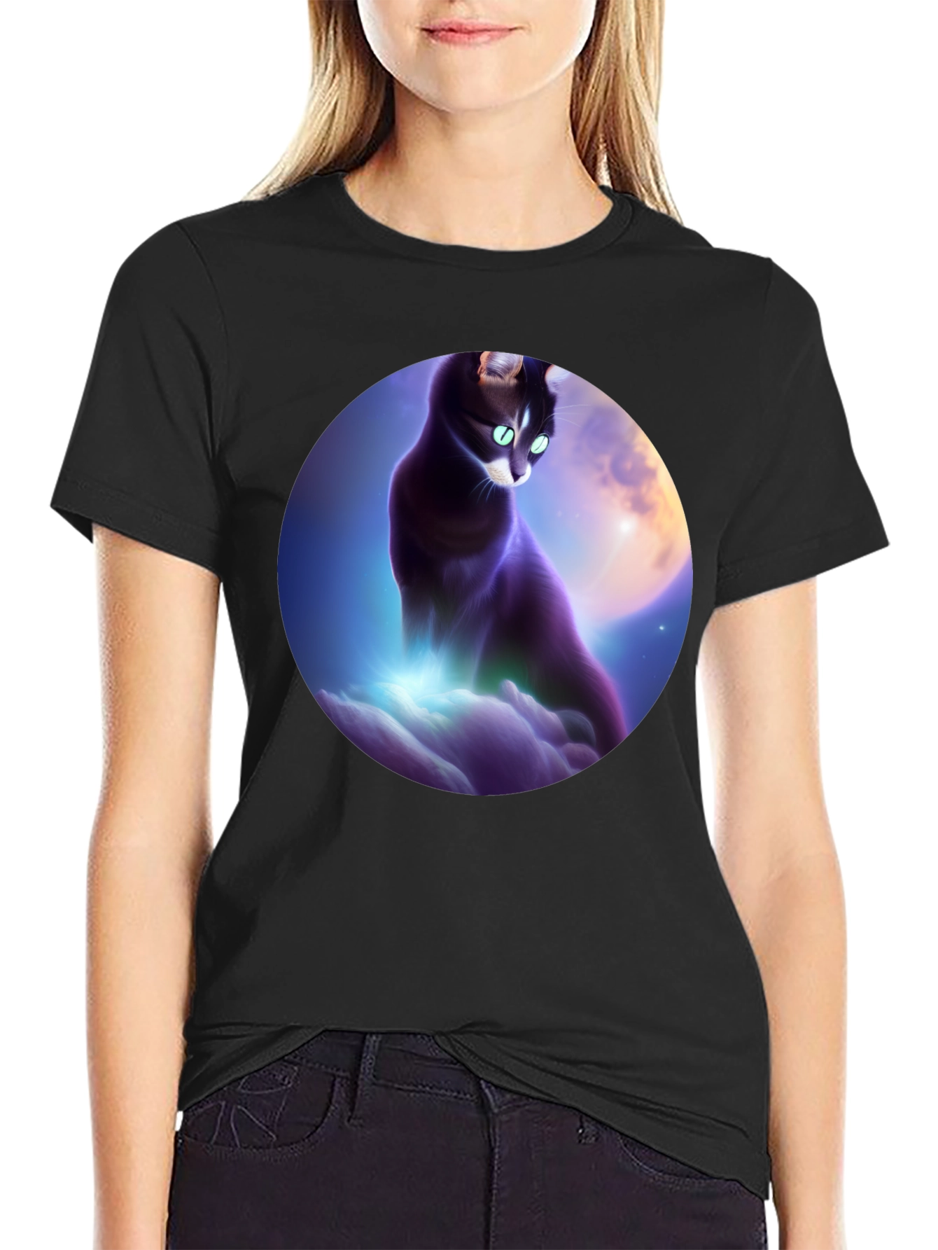 Celestial Cat T-Shirt - Black Graphic Tee