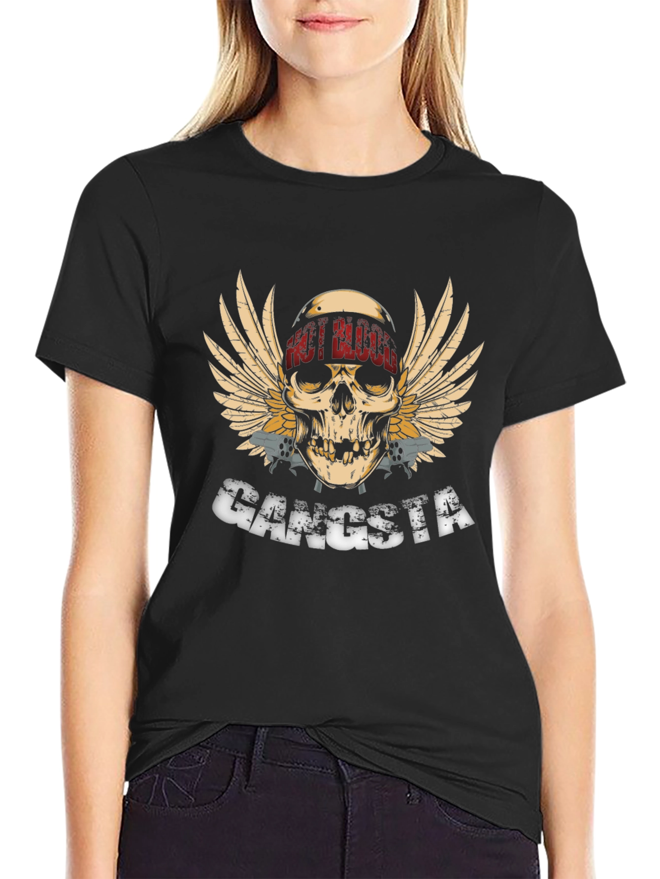 Gangsta Skull Wings Graphic Black T-Shirt