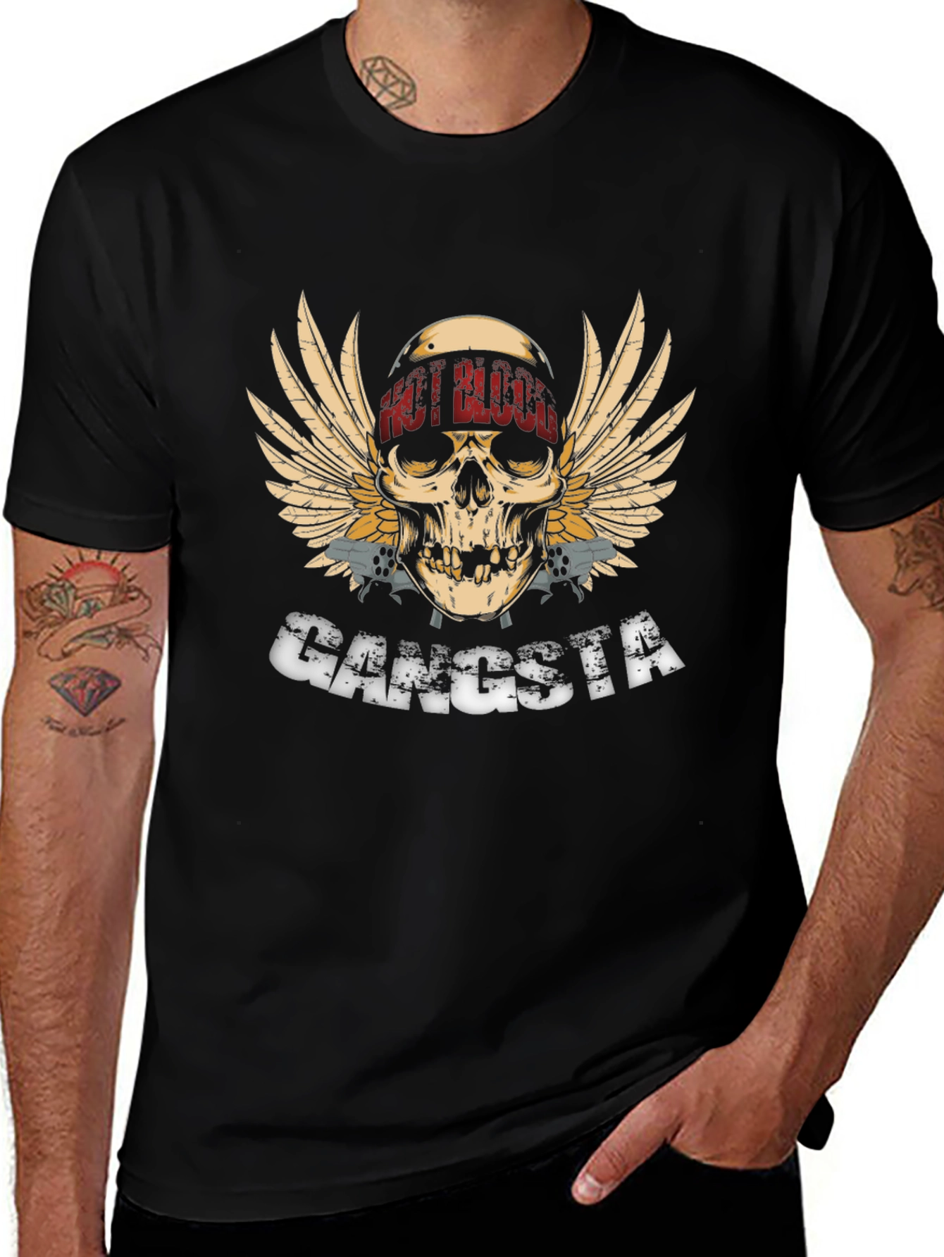 Gangsta Skull Wings Graphic Black T-Shirt
