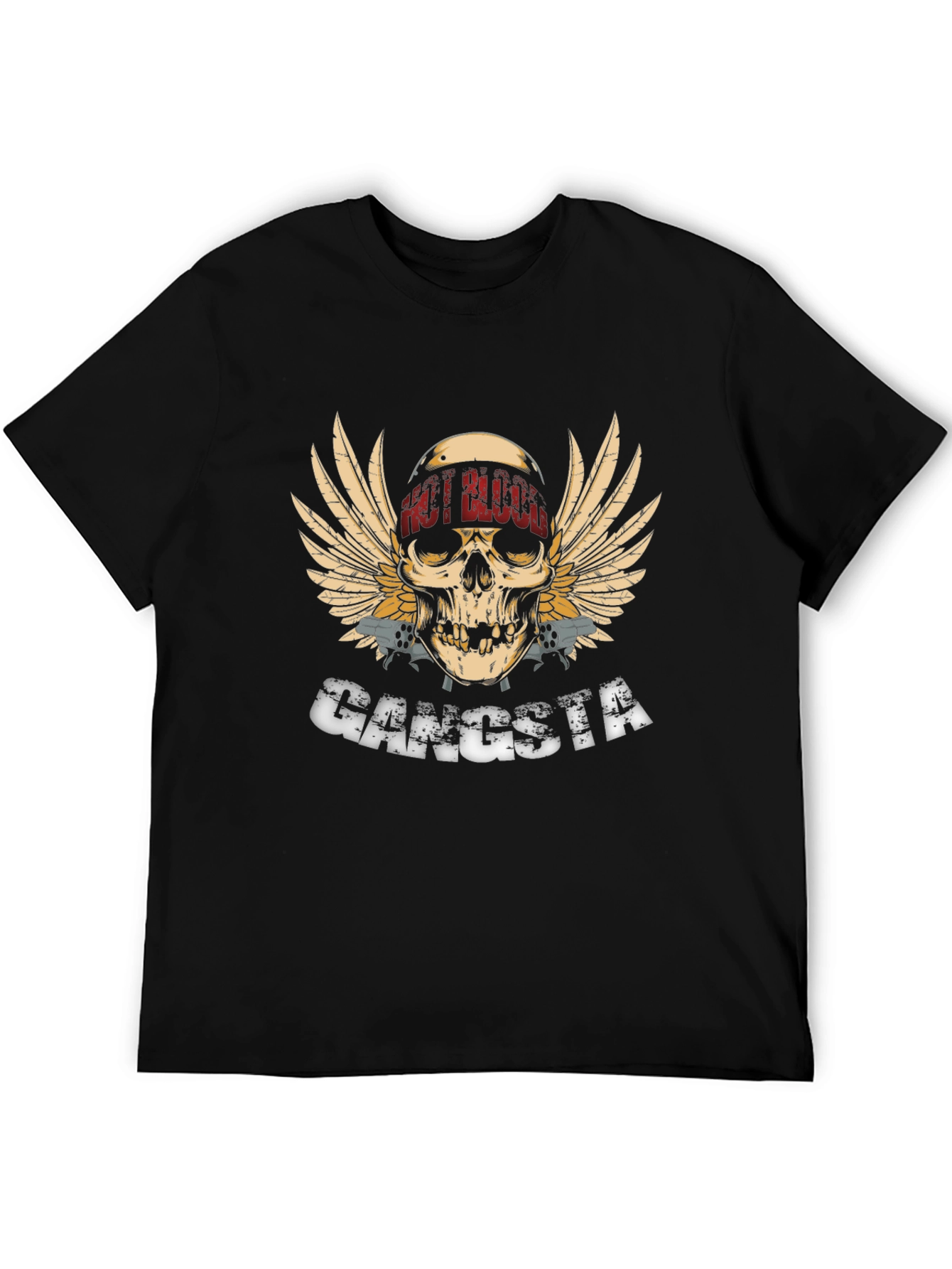 Gangsta Skull Wings Graphic Black T-Shirt