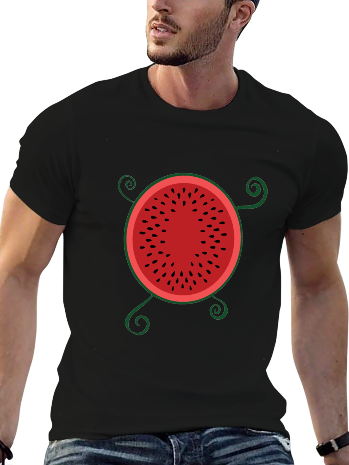 Whimsical Watermelon Graphic Tee - Black Cotton T-Shirt