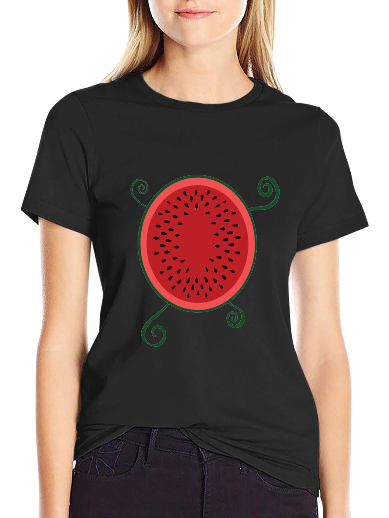 Whimsical Watermelon Graphic Tee - Black Cotton T-Shirt