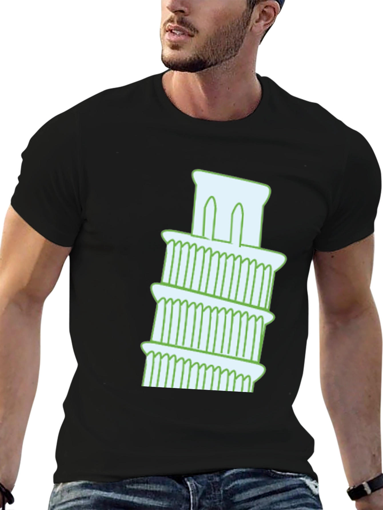 Leaning Tower Graphic Tee - Black Cotton T-Shirt