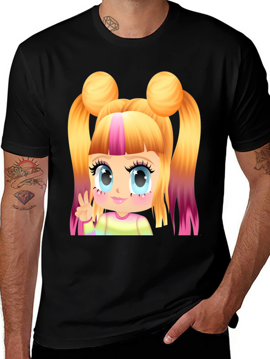 Kawaii Anime Girl Graphic Tee - Black Cotton