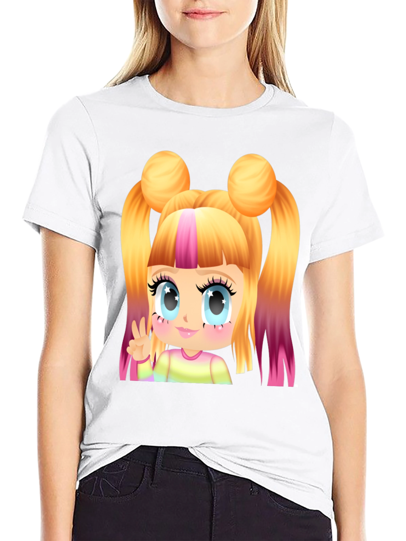 Kawaii Anime Girl Graphic Tee - Black Cotton