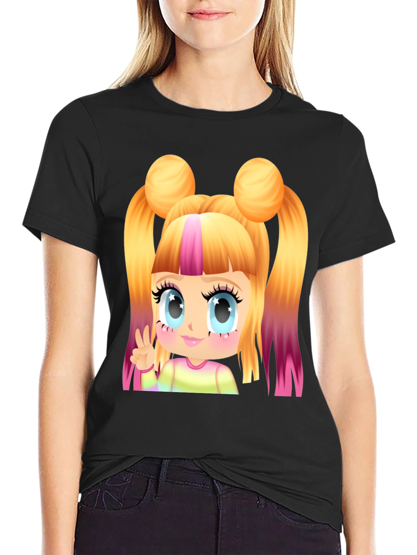 Kawaii Anime Girl Graphic Tee - Black Cotton